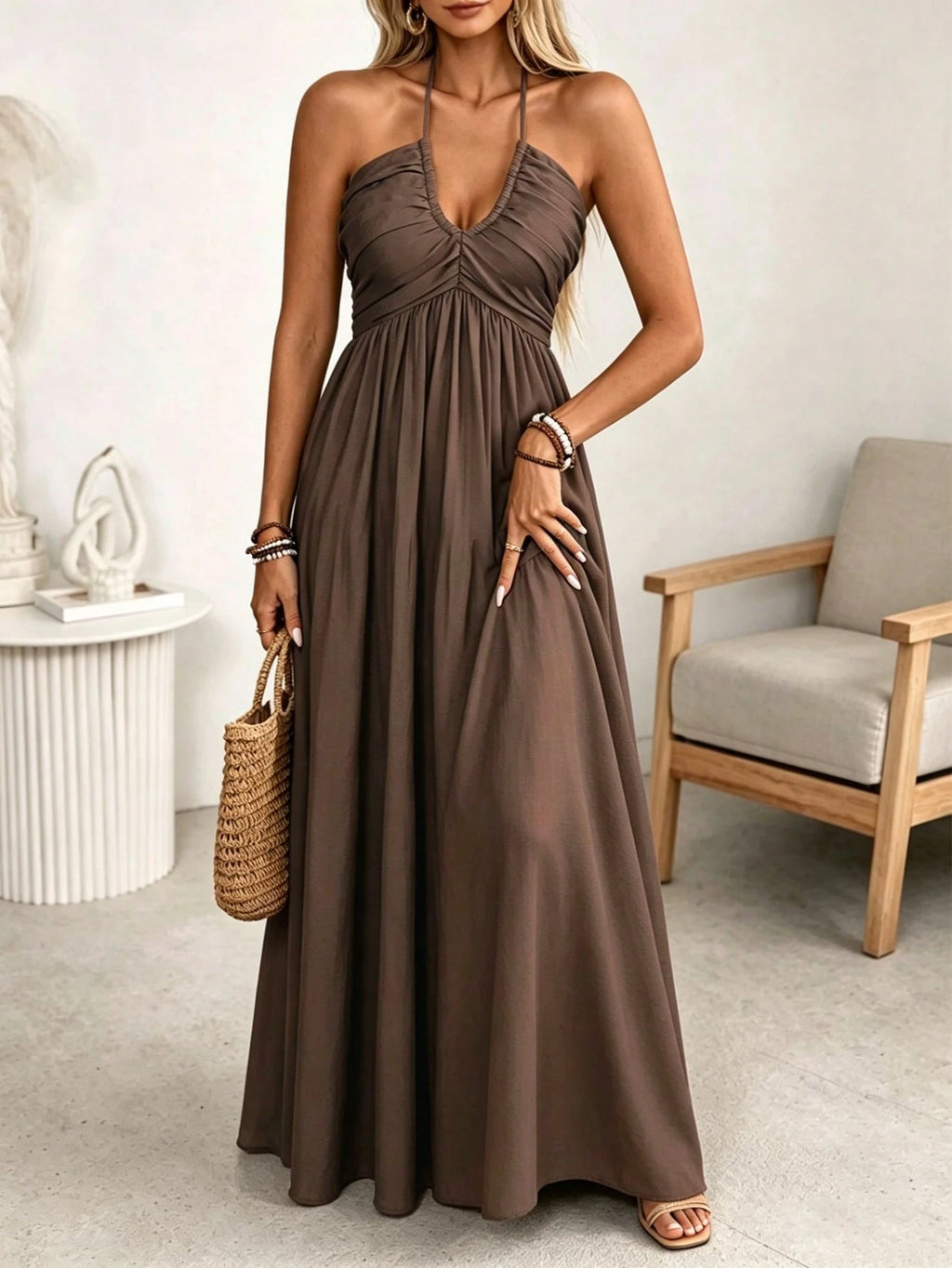 Wandoria Women's Spring/Summer Brown Single-Thread Slub Linen Blend