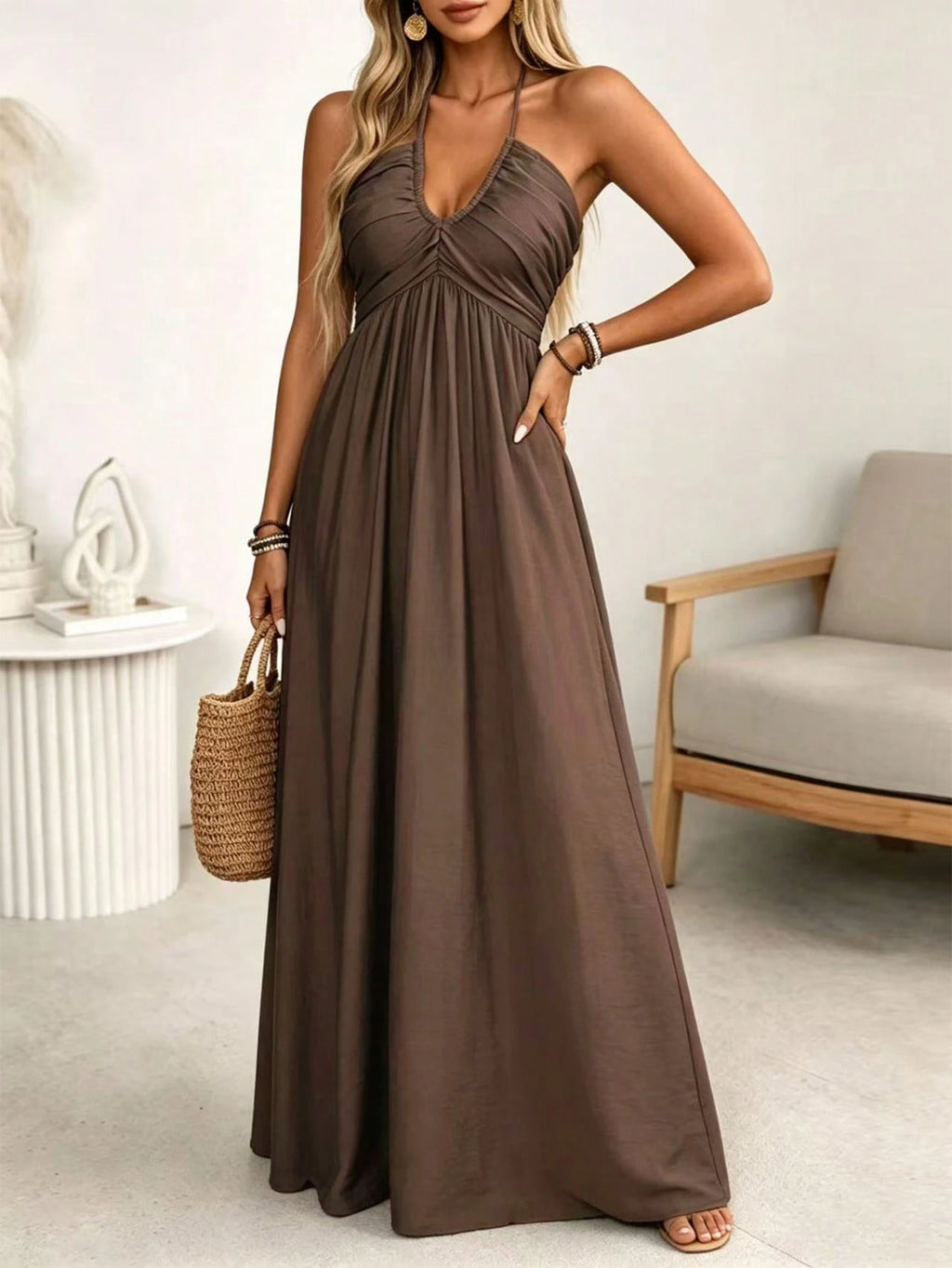 Wandoria Women's Spring/Summer Brown Single-Thread Slub Linen Blend