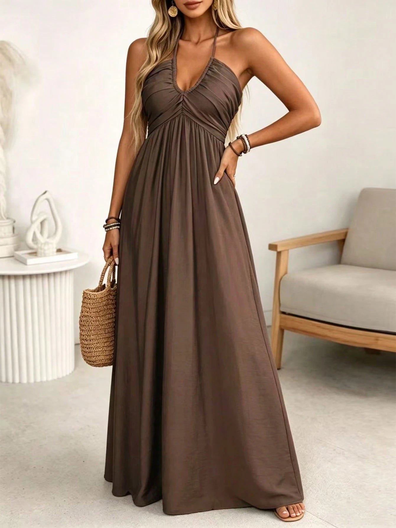 Wandoria Women's Spring/Summer Brown Single-Thread Slub Linen Blend