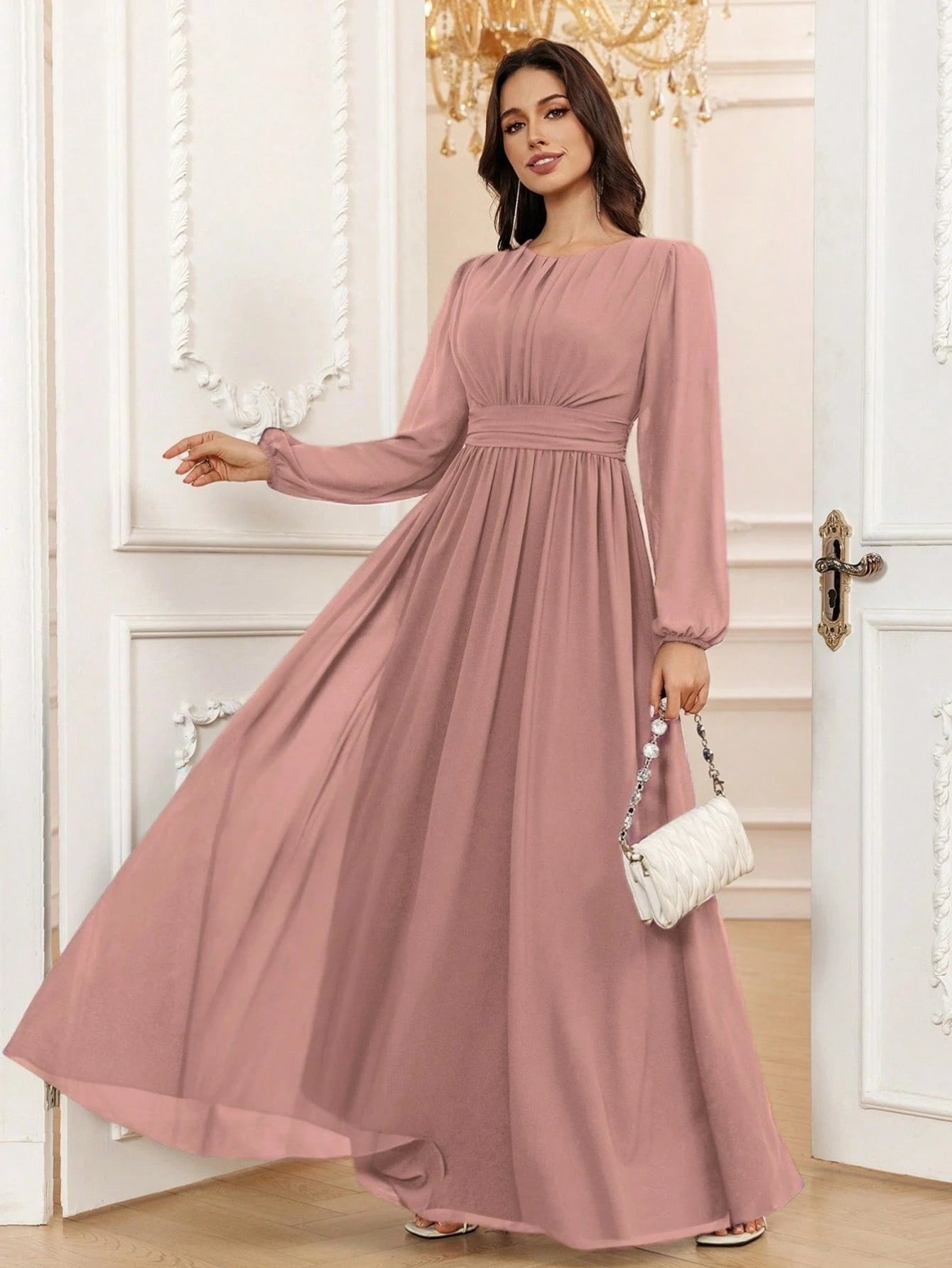 Volly Toych Lavender Elegant A-Line Round Neck Long Sleeve