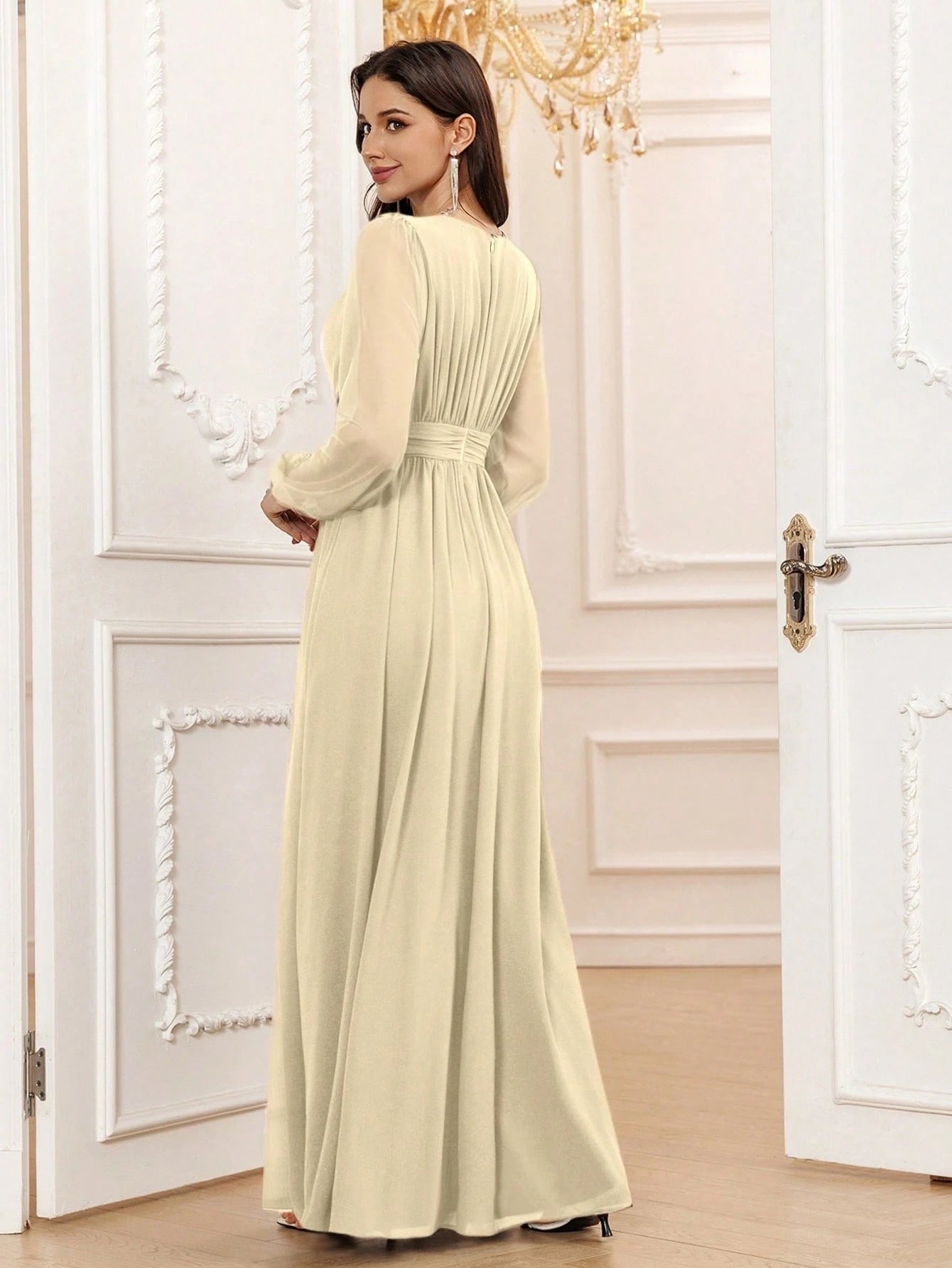 Volly Toych Elegant A-Line Round Neck Long Sleeve Floor-Length Chiffon Bridesmaid Dress, Wedding Guest Dress, - image 18