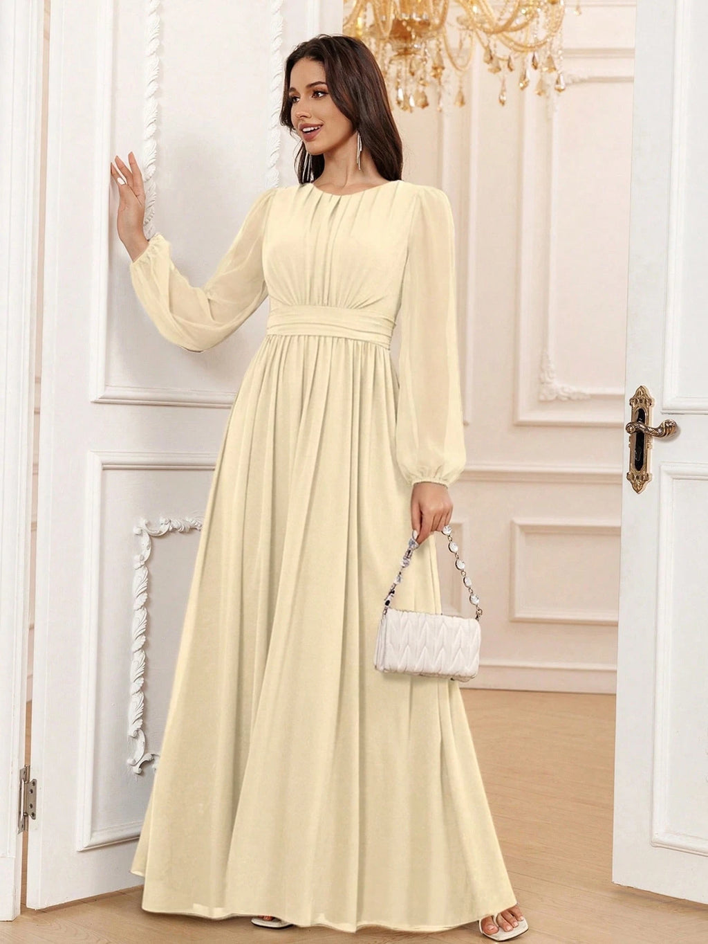 Volly Toych Elegant A-Line Round Neck Long Sleeve Floor-Length Chiffon Bridesmaid Dress, Wedding Guest Dress, - image 19