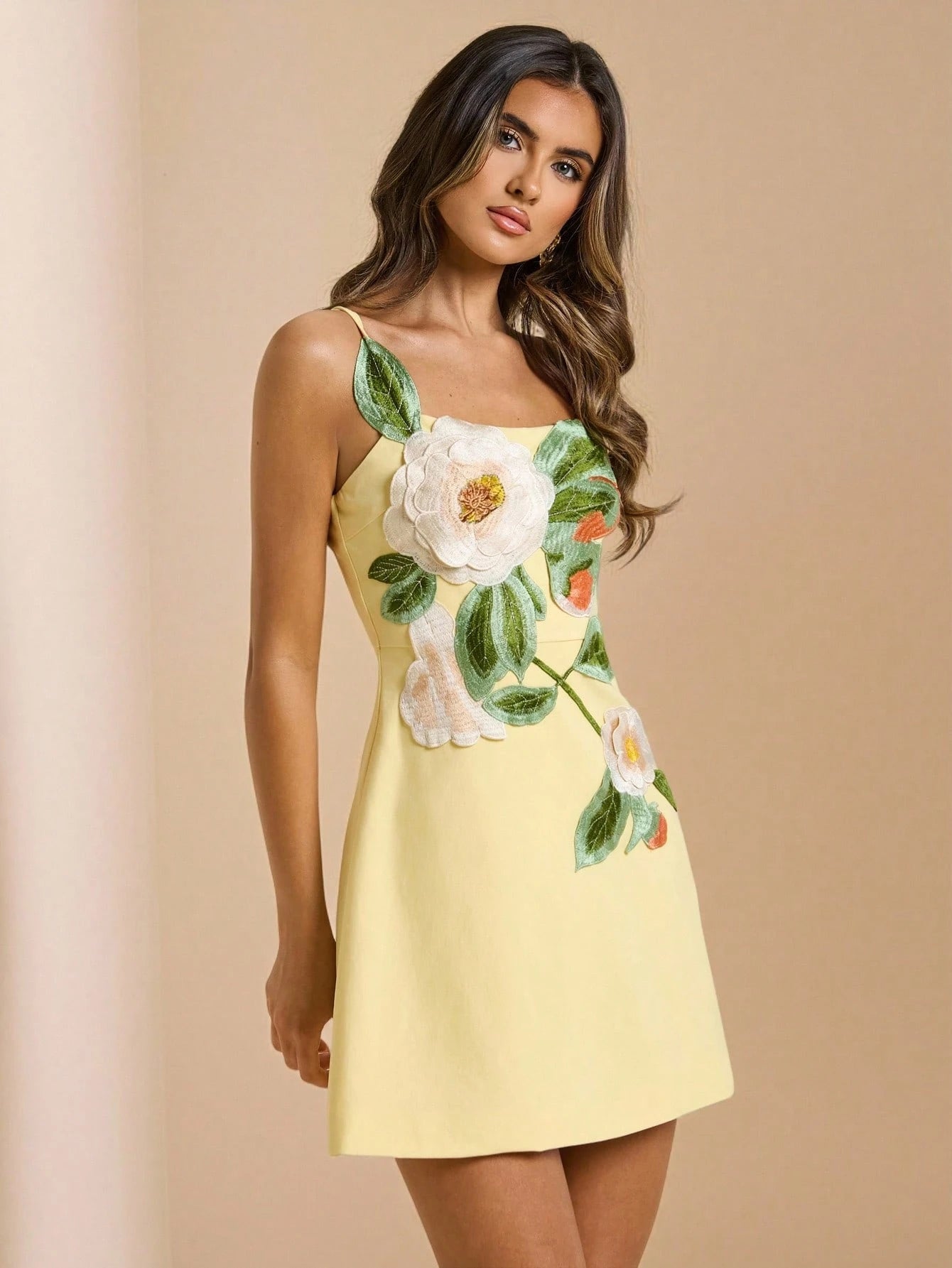 BAE Women's Yellow 3D Floral Decor A-Line Spaghetti Strap Dress,
