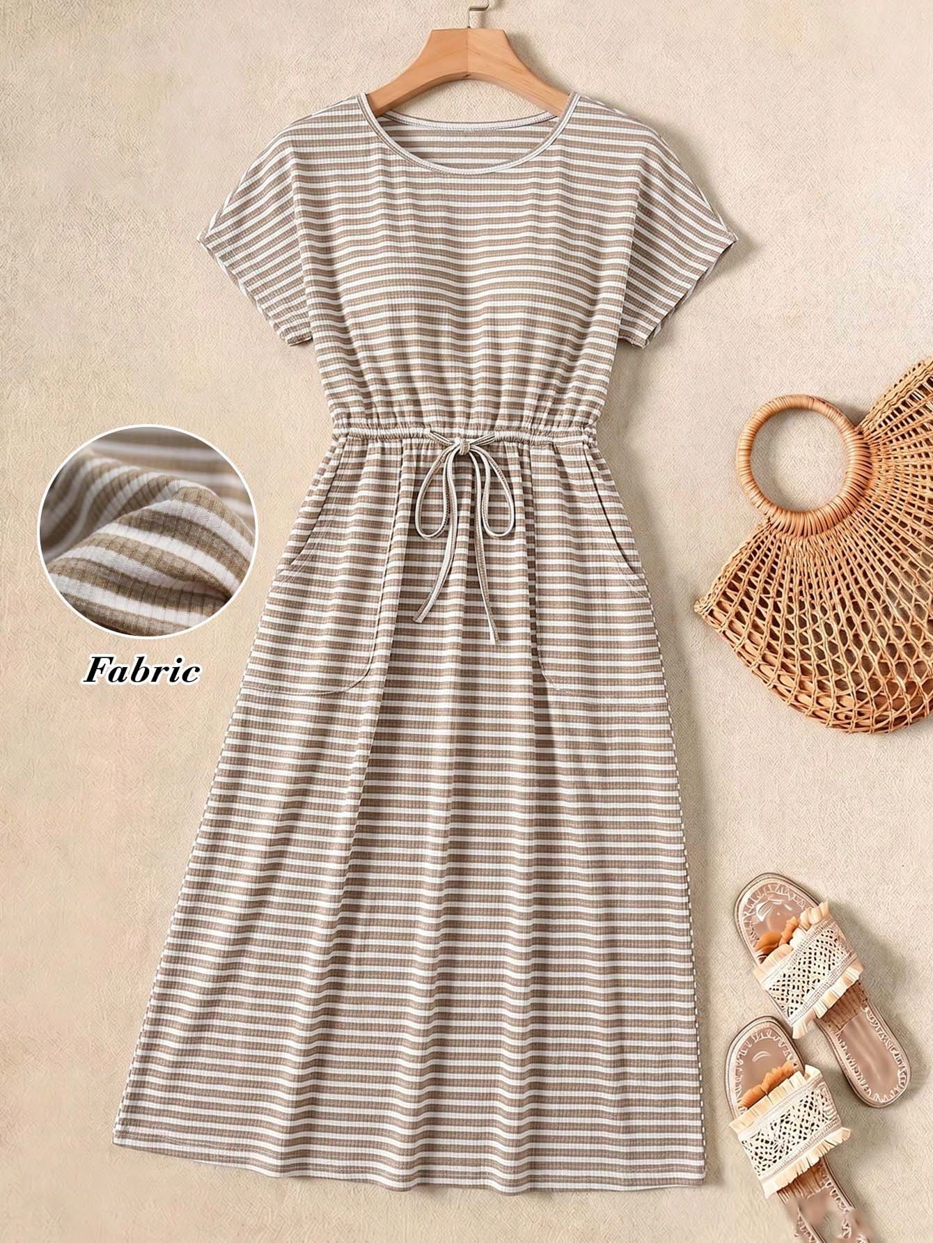 Rusticease Women's Casual Striped Drawstring Waist Mid-Length Dress,