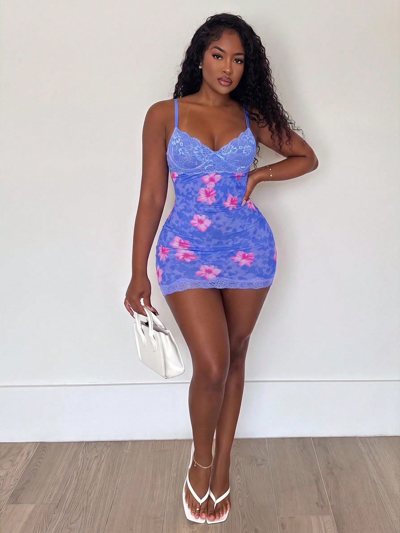Alexandranx Lace Cup Detail Tropical Floral Mesh Bodycon Mini