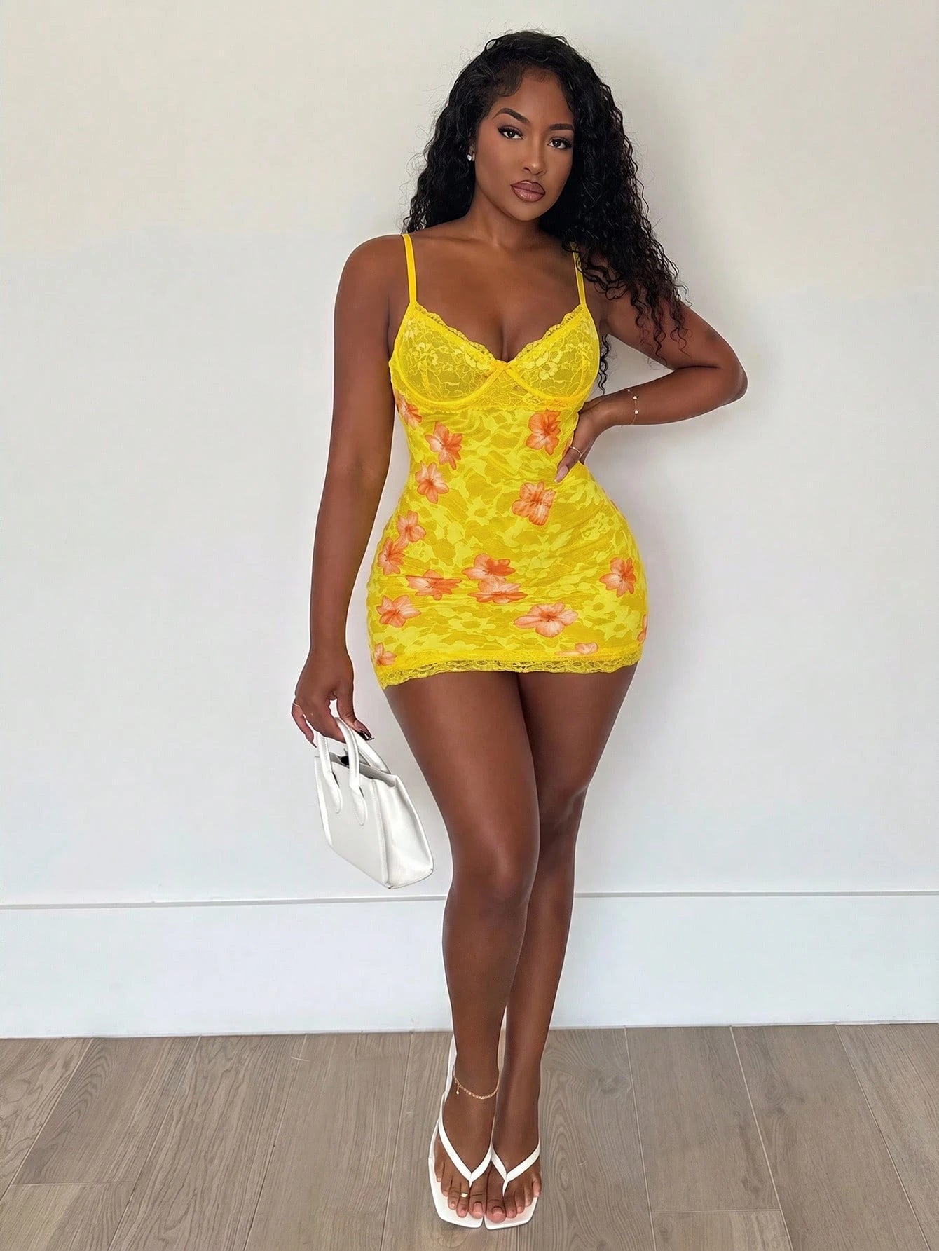 Alexandranx Lace Cup Detail Tropical Floral Mesh Bodycon Mini