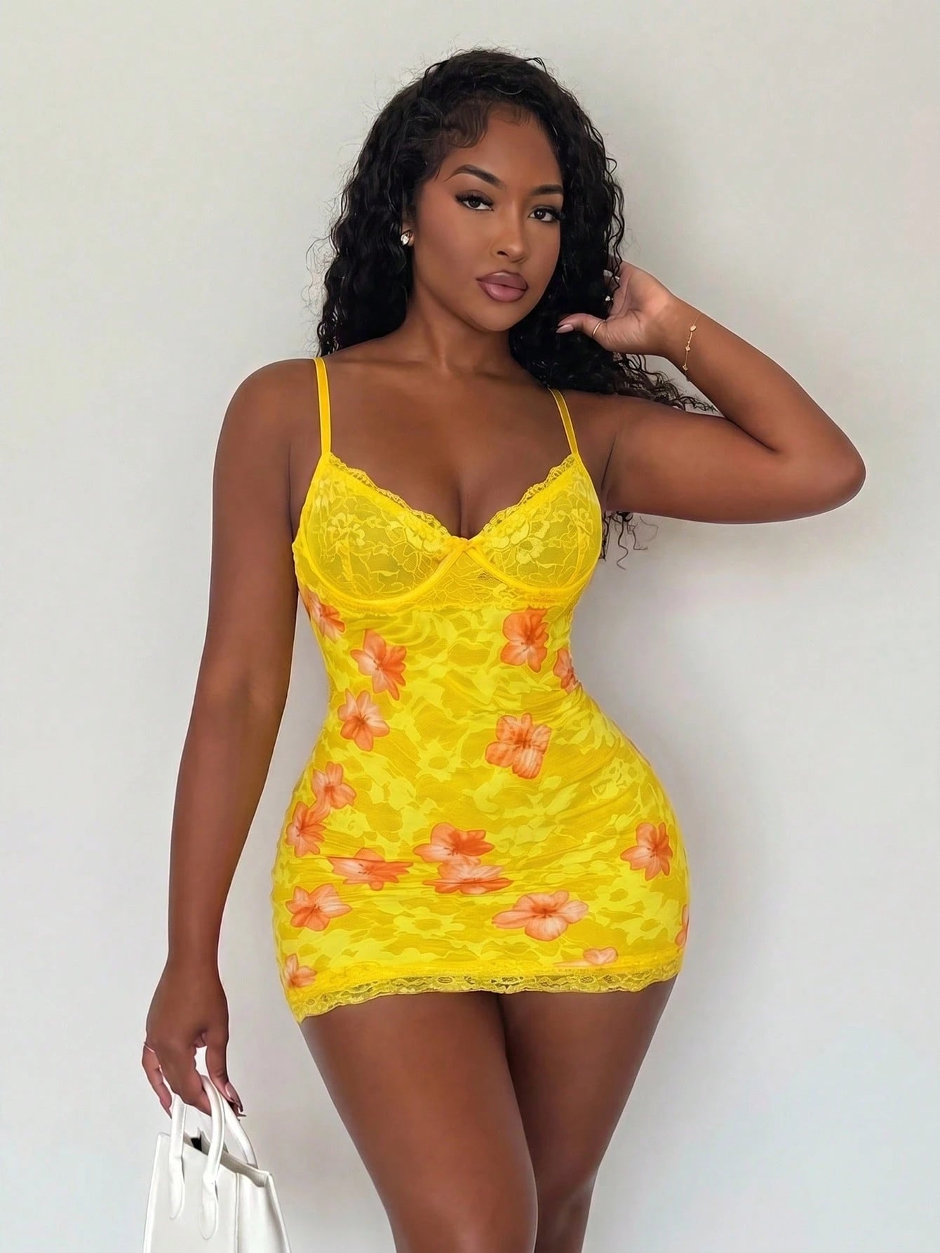 Alexandranx Lace Cup Detail Tropical Floral Mesh Bodycon Mini