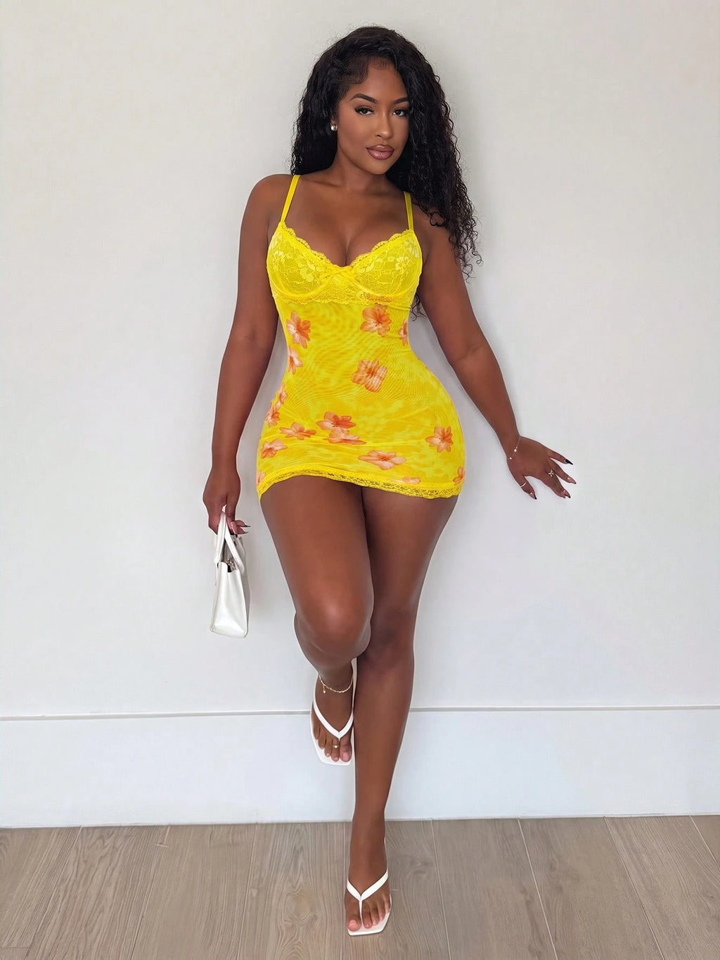 Alexandranx Lace Cup Detail Tropical Floral Mesh Bodycon Mini