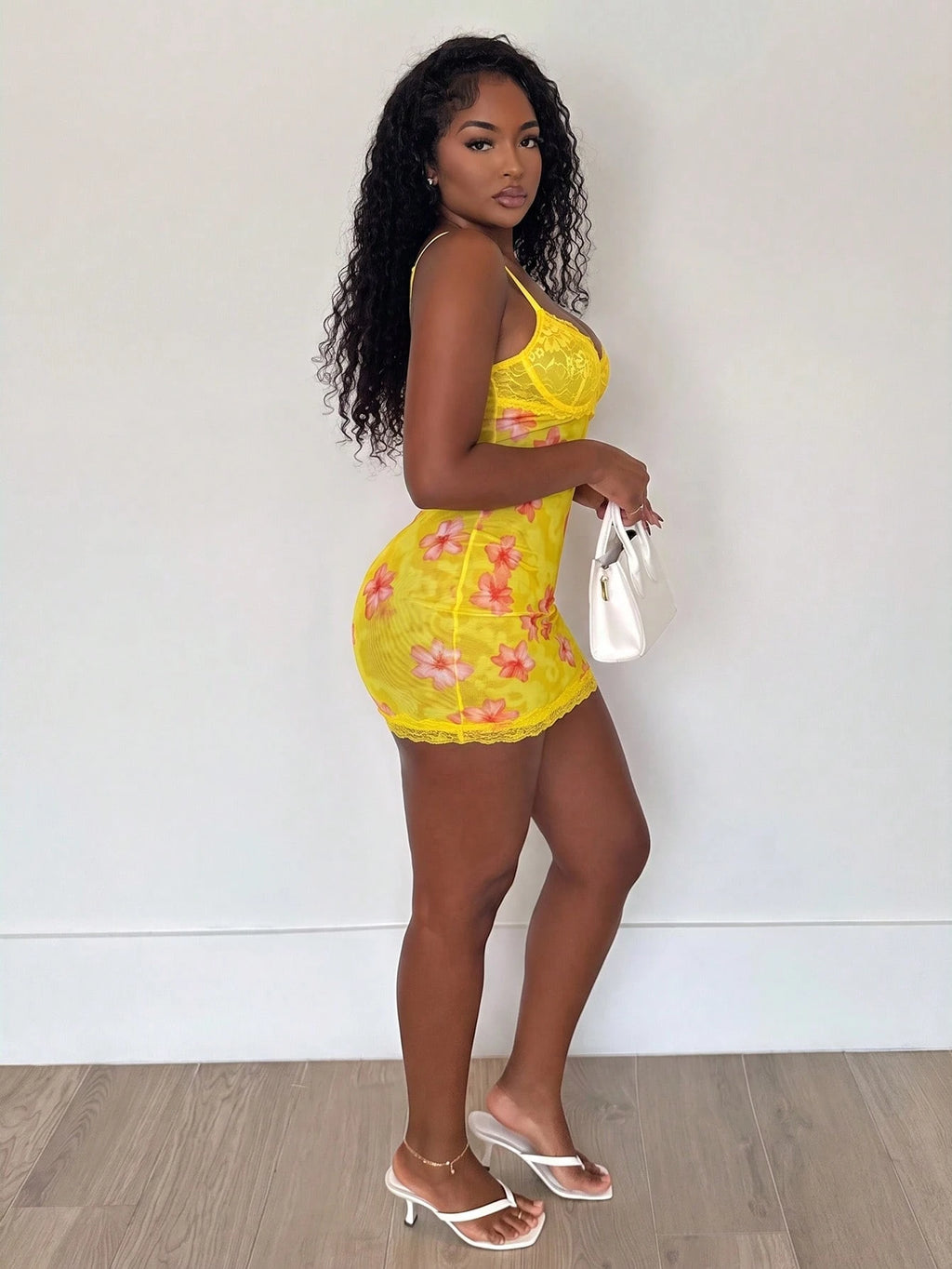 Alexandranx Lace Cup Detail Tropical Floral Mesh Bodycon Mini