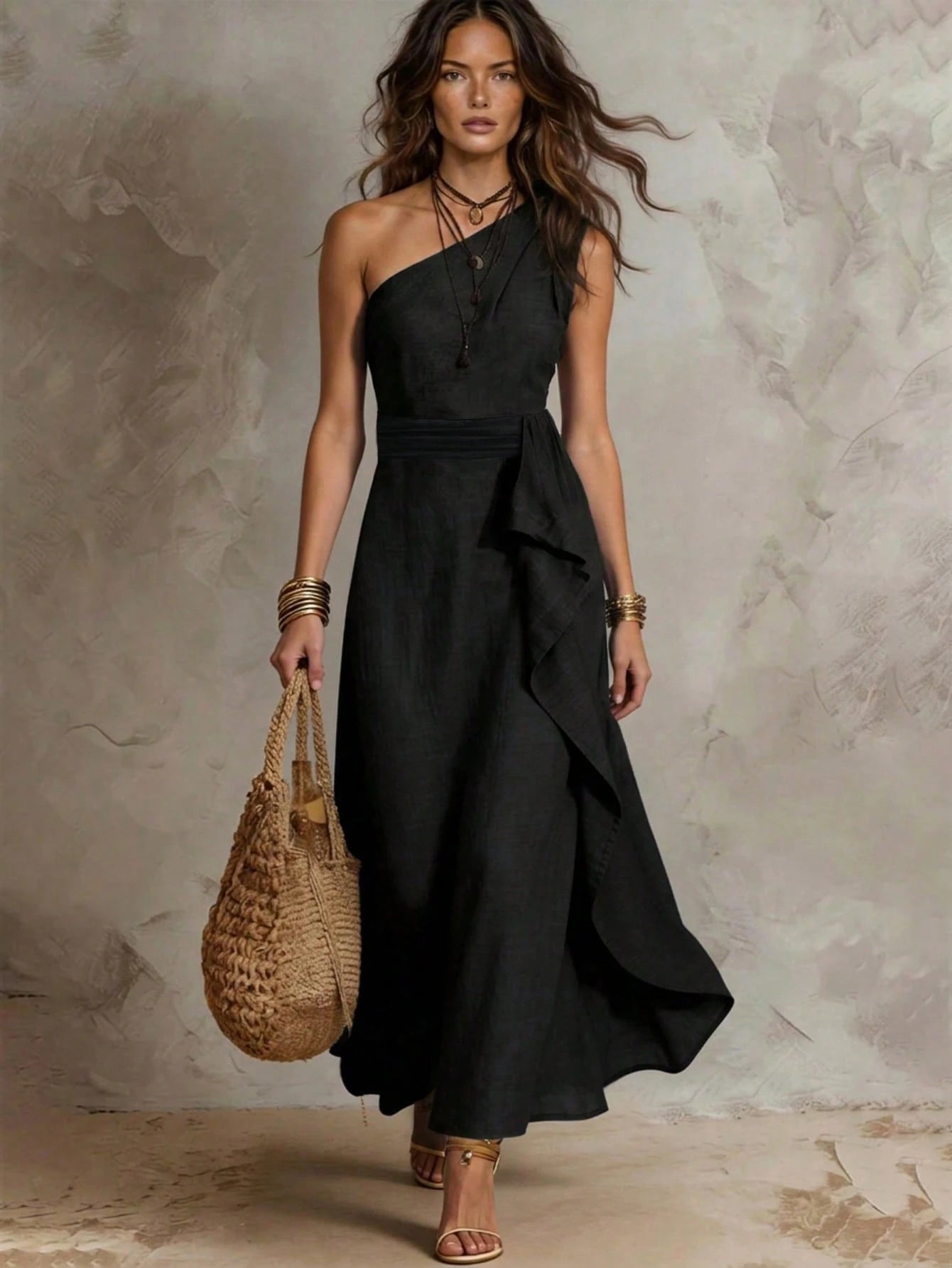 Solivie Women's Solid Color One Shoulder Ruffle Trim Side Slit Sleeveless Dress Vacation Dark Brown Summer - image 11
