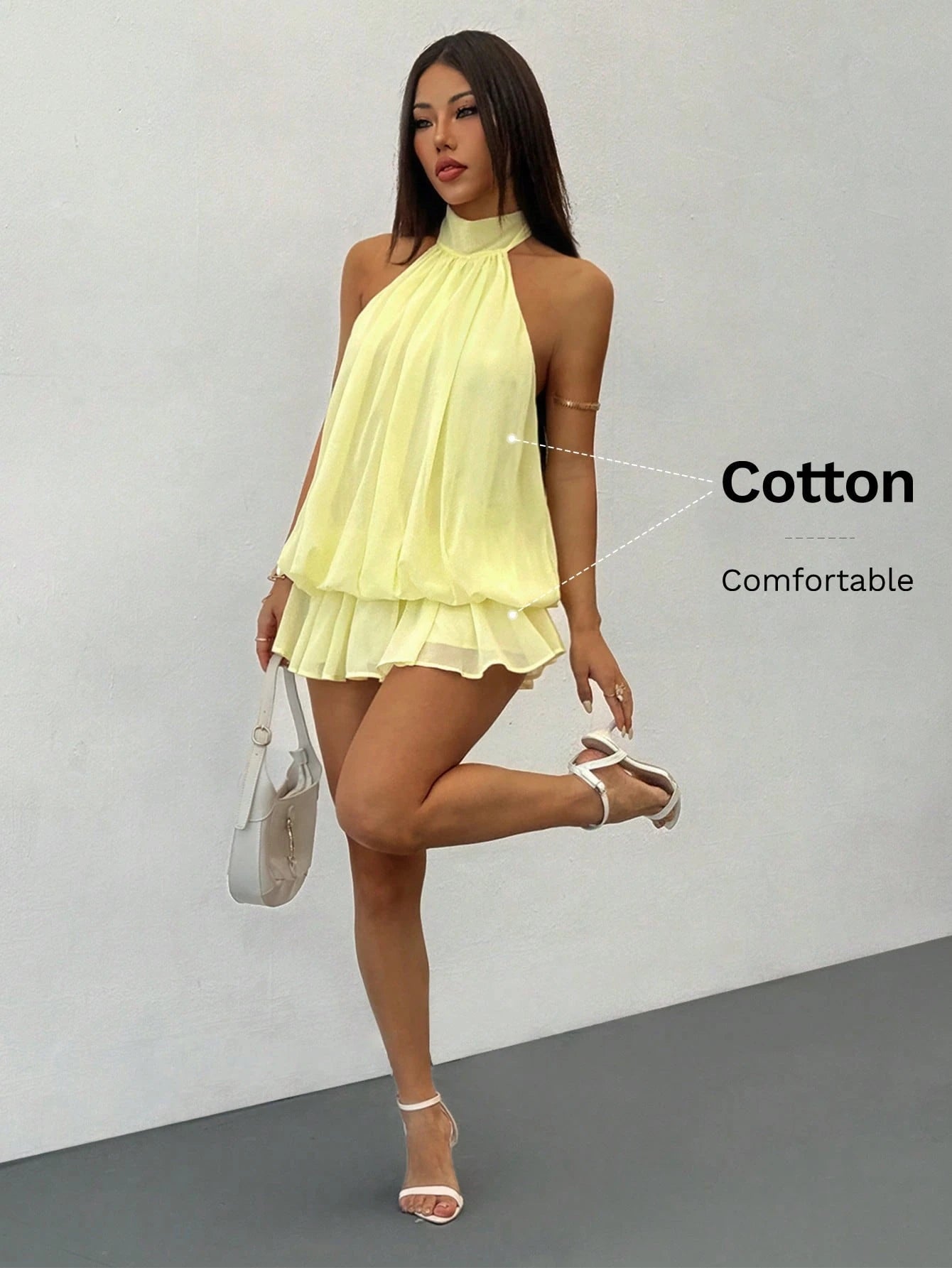 PETITE Elegant Sleeveless Tie-Neck Mini Dress In Pale Yellow,