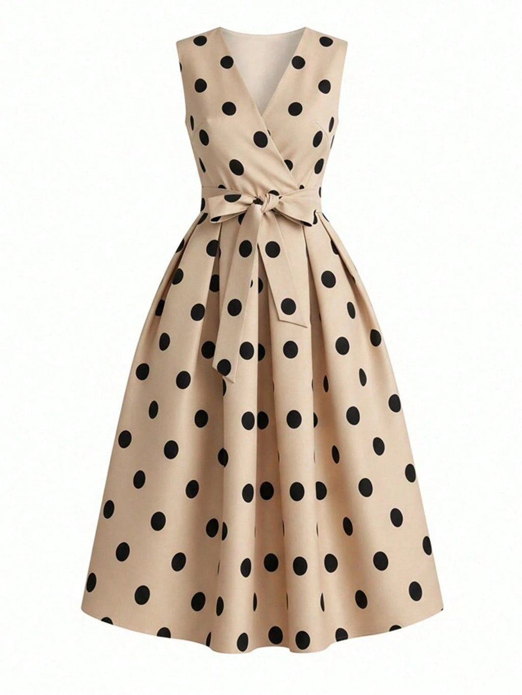 Women's Elegant Pink Polka Dot Midi Dress With Deep V Neck And Bow Detail, Sleeveless Fit And Flare Casual - image 19