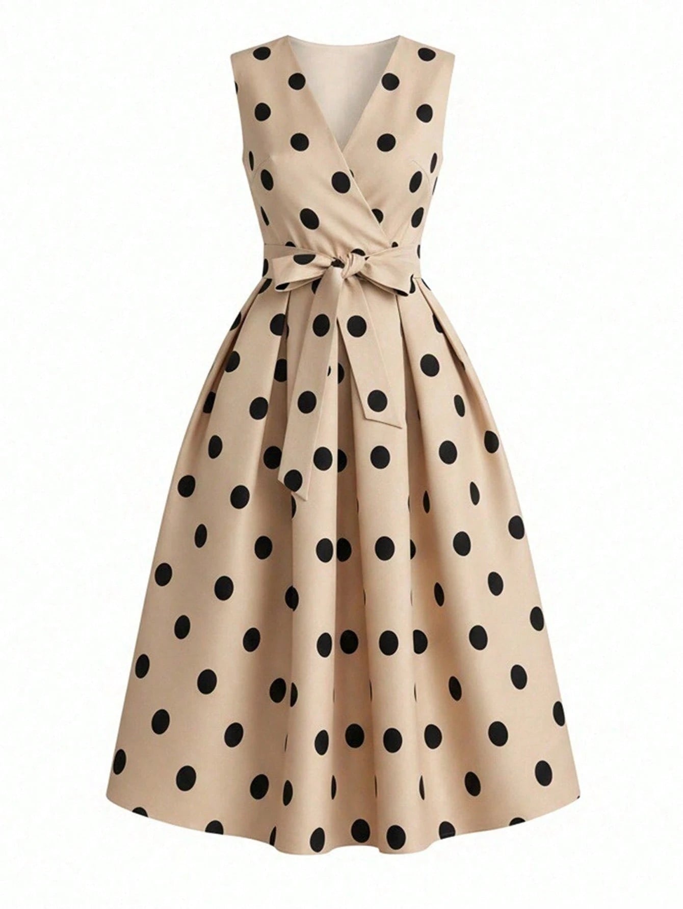 Women's Elegant Pink Polka Dot Midi Dress With Deep V Neck And Bow Detail, Sleeveless Fit And Flare Casual - image 19