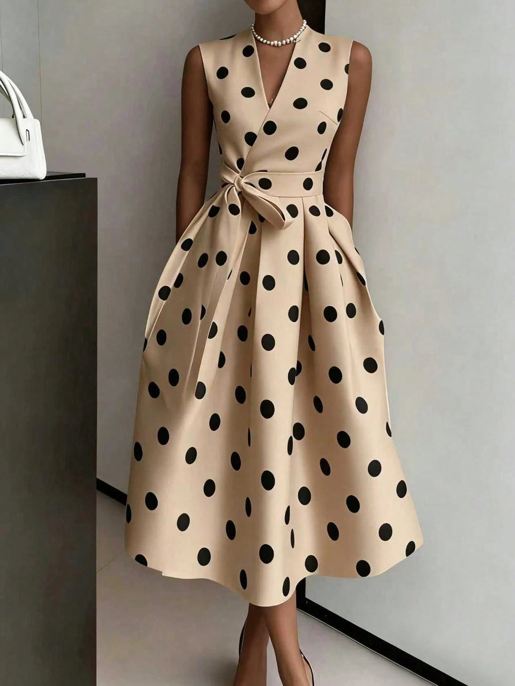 Women's Elegant Pink Polka Dot Midi Dress With Deep V Neck And Bow Detail, Sleeveless Fit And Flare Casual - image 17