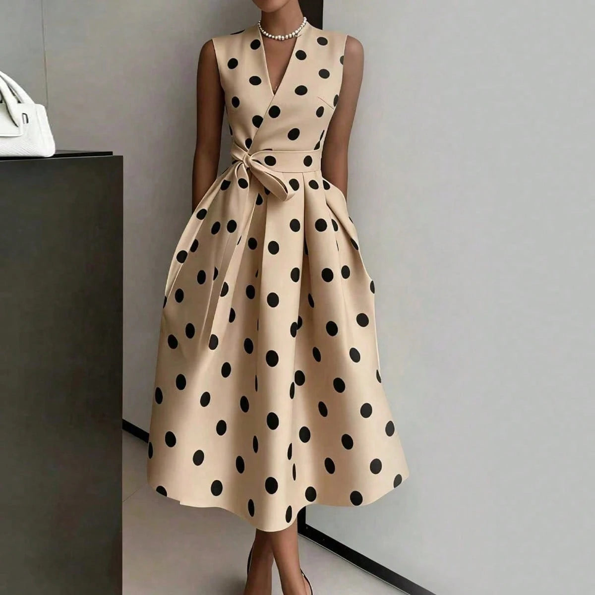 Women's Elegant Pink Polka Dot Midi Dress With Deep V Neck And Bow Detail, Sleeveless Fit And Flare Casual - image 16