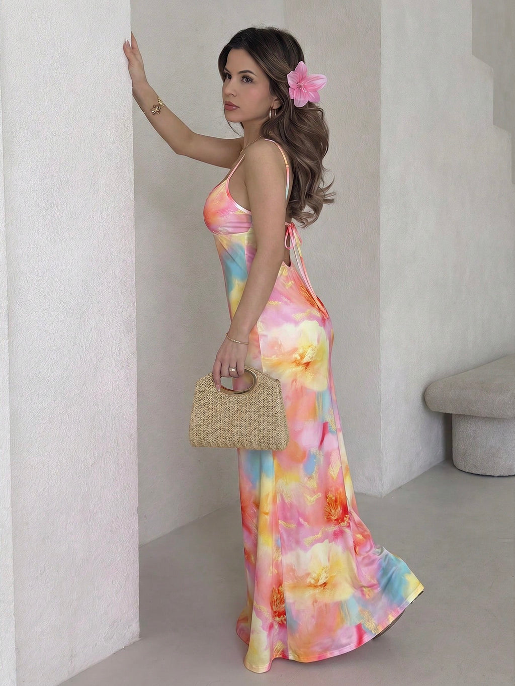 Jemour Summer Spaghetti Strap Tie-Up Bodycon Sexy Orange Hibiscus Print Dress, Suitable For Summer, Hawaiian - image 14