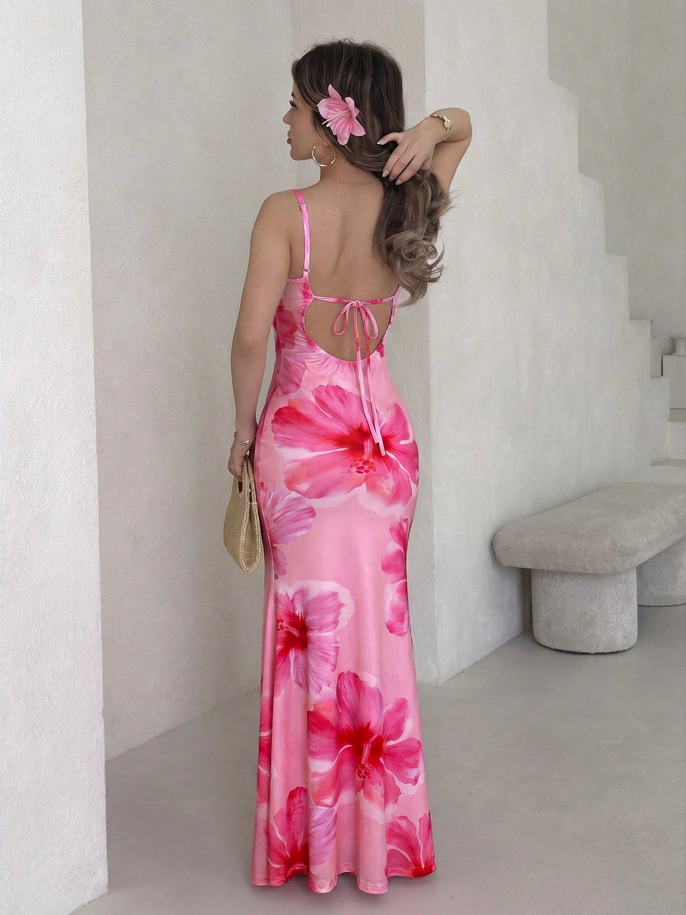 Jemour Summer Spaghetti Strap Tie-Up Bodycon Sexy Orange Hibiscus Print Dress, Suitable For Summer, Hawaiian - image 20