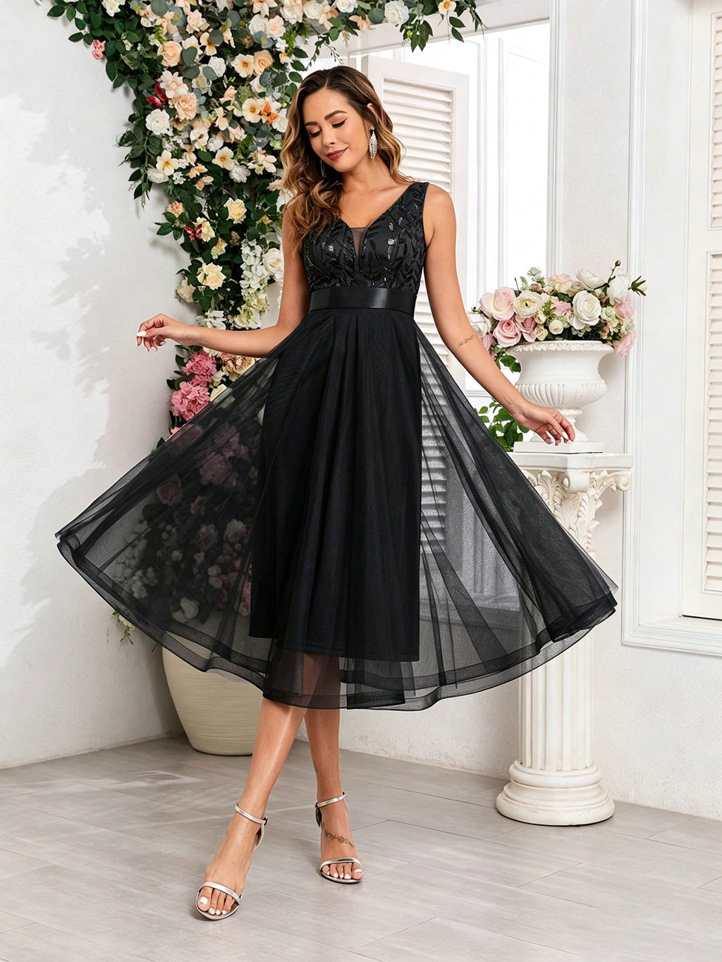 XUCTHHC Elegant V-Neck Sleeveless Sequin Embroidery & Mesh A-Line Bridesmaid Dress Wedding - image 4