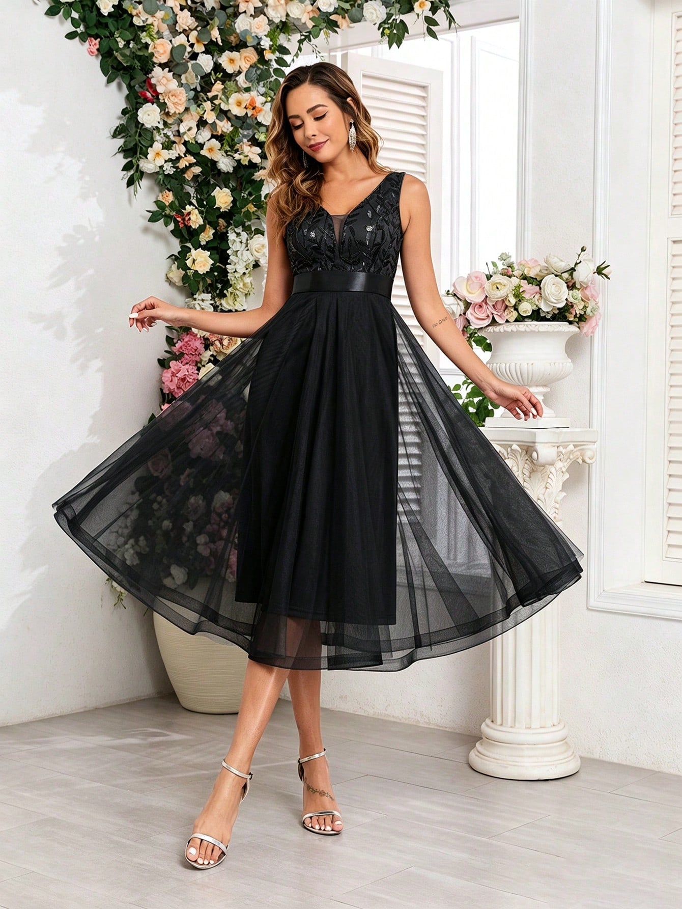 XUCTHHC Elegant V-Neck Sleeveless Sequin Embroidery & Mesh A-Line Bridesmaid Dress Wedding - image 4