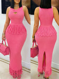 Women Halter Heart Cutout Midi Dress, High Waist Fringe Waist &
