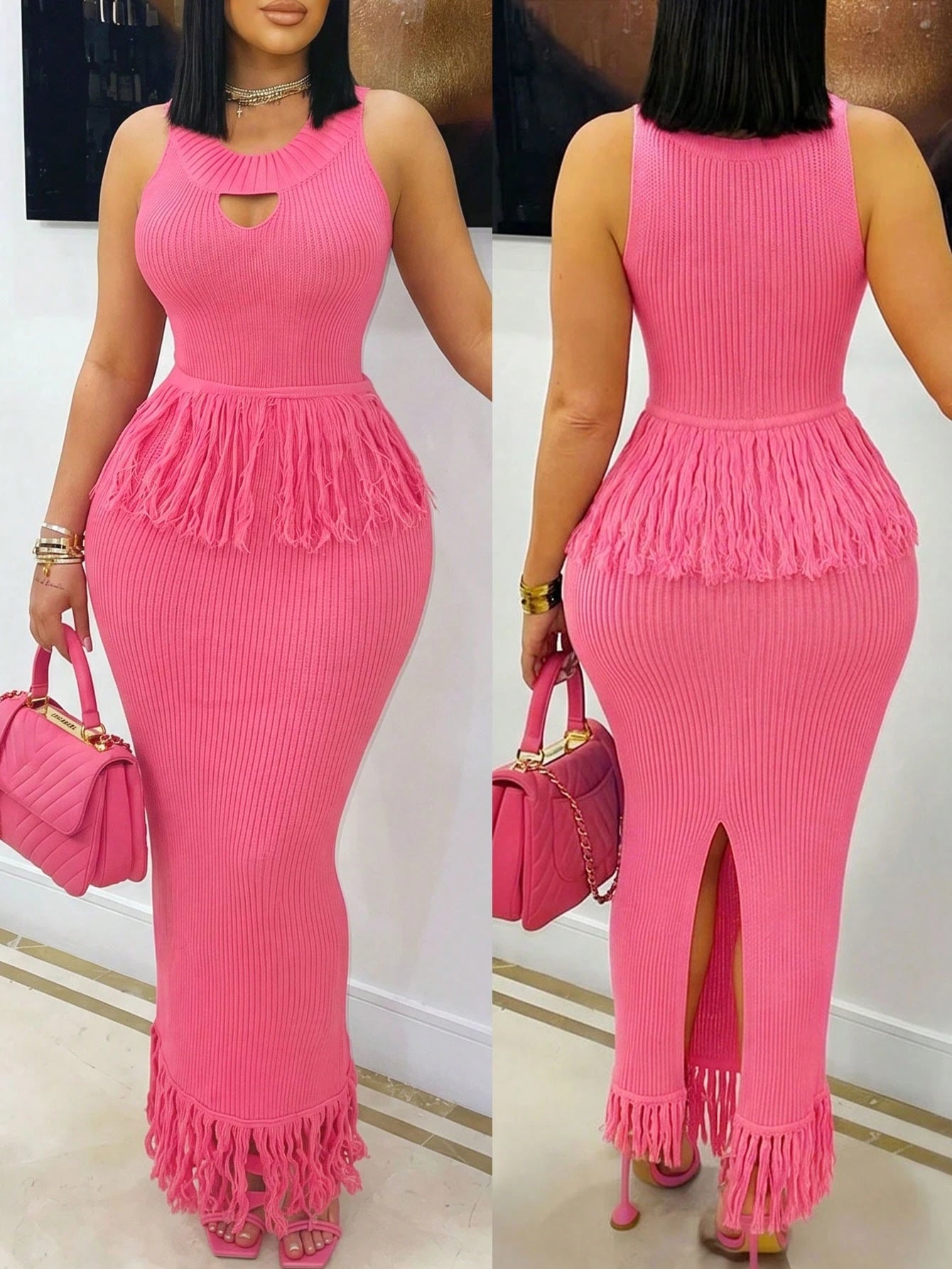 Women Halter Heart Cutout Midi Dress, High Waist Fringe Waist &