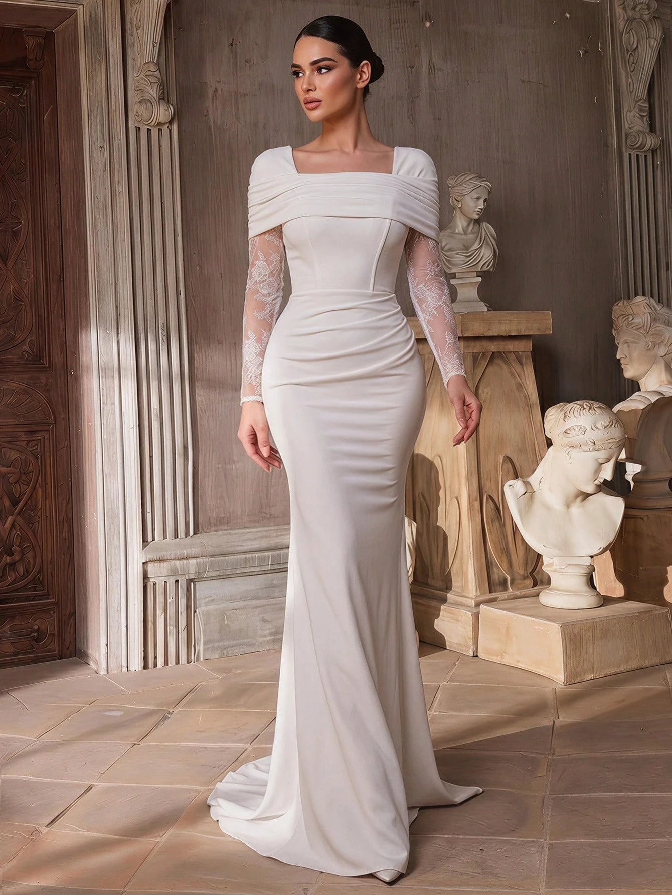 Aureia Elegant White Summer Formal Party Wedding Dress Satin Square Neck Off Shoulder Ruffle Boned Bodice - image 2