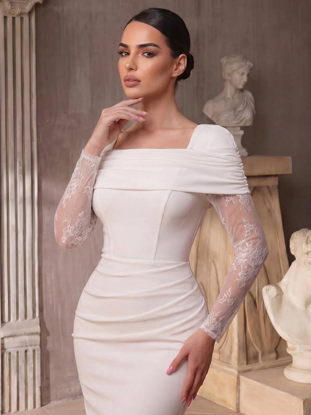 Aureia Elegant White Summer Formal Party Wedding Dress Satin Square Neck Off Shoulder Ruffle Boned Bodice - image 3