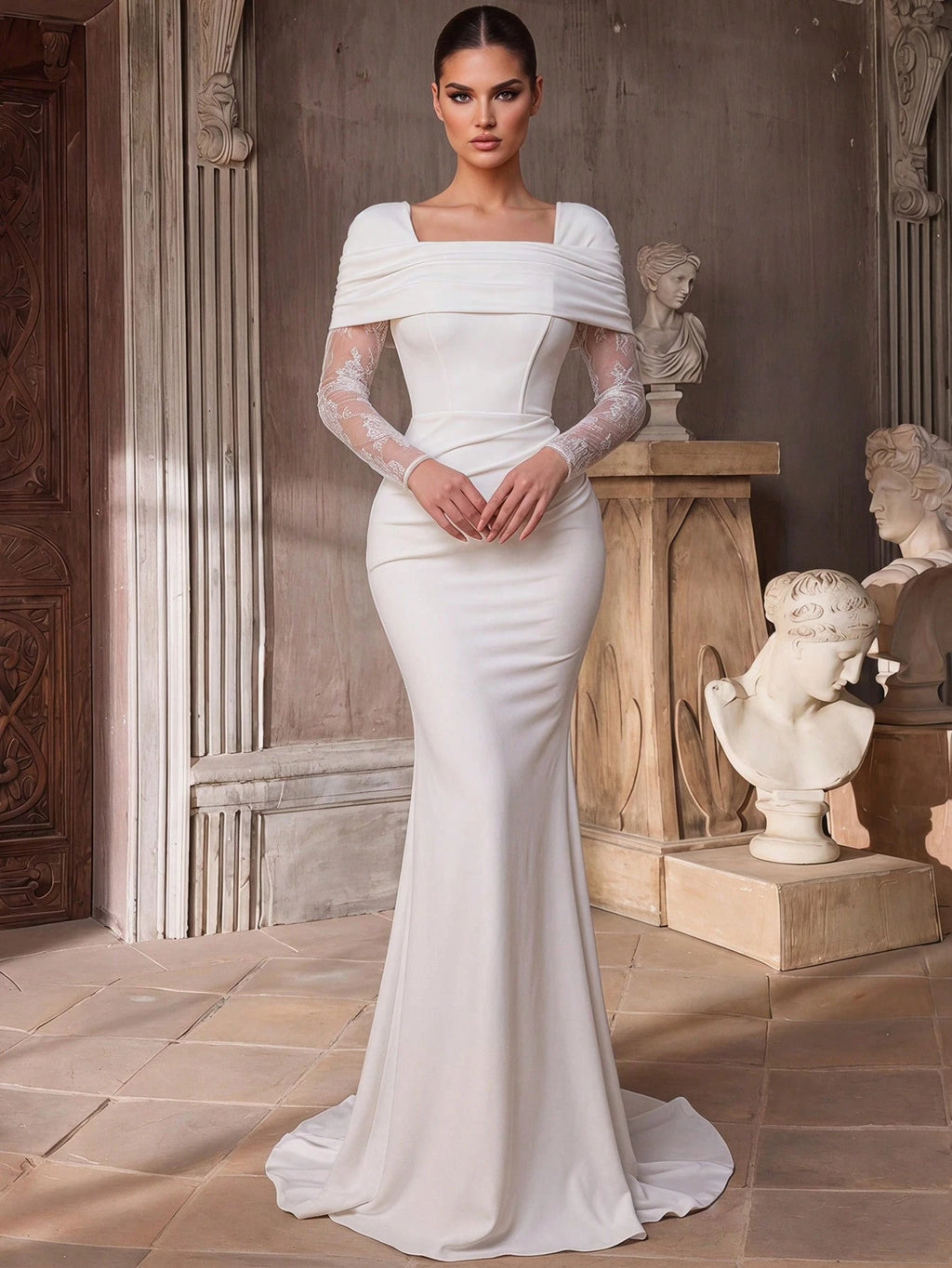 Aureia Elegant White Summer Formal Party Wedding Dress Satin Square Neck Off Shoulder Ruffle Boned Bodice - image 5