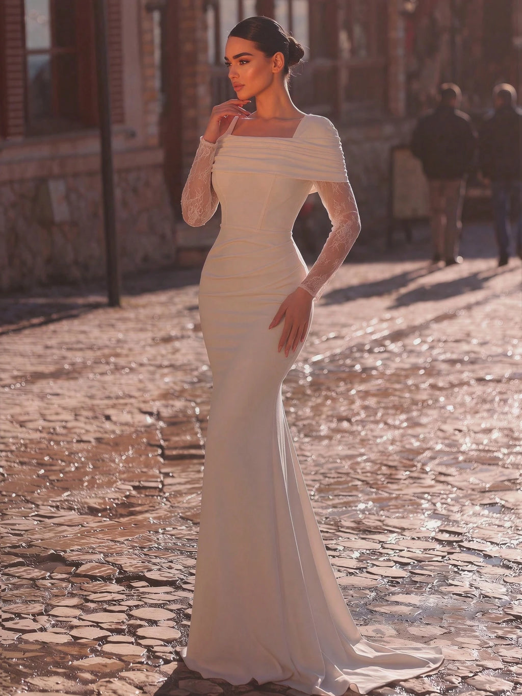 Aureia Elegant White Summer Formal Party Wedding Dress Satin Square Neck Off Shoulder Ruffle Boned Bodice - image 7