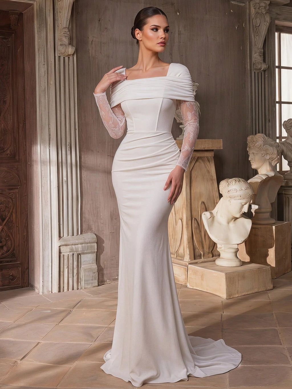 Aureia Elegant White Summer Formal Party Wedding Dress Satin Square Neck Off Shoulder Ruffle Boned Bodice - image 10