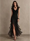 Black Glitter Maxi Dress Cowl Neck Ruffle Cap Sleeve Sheer Chiffon