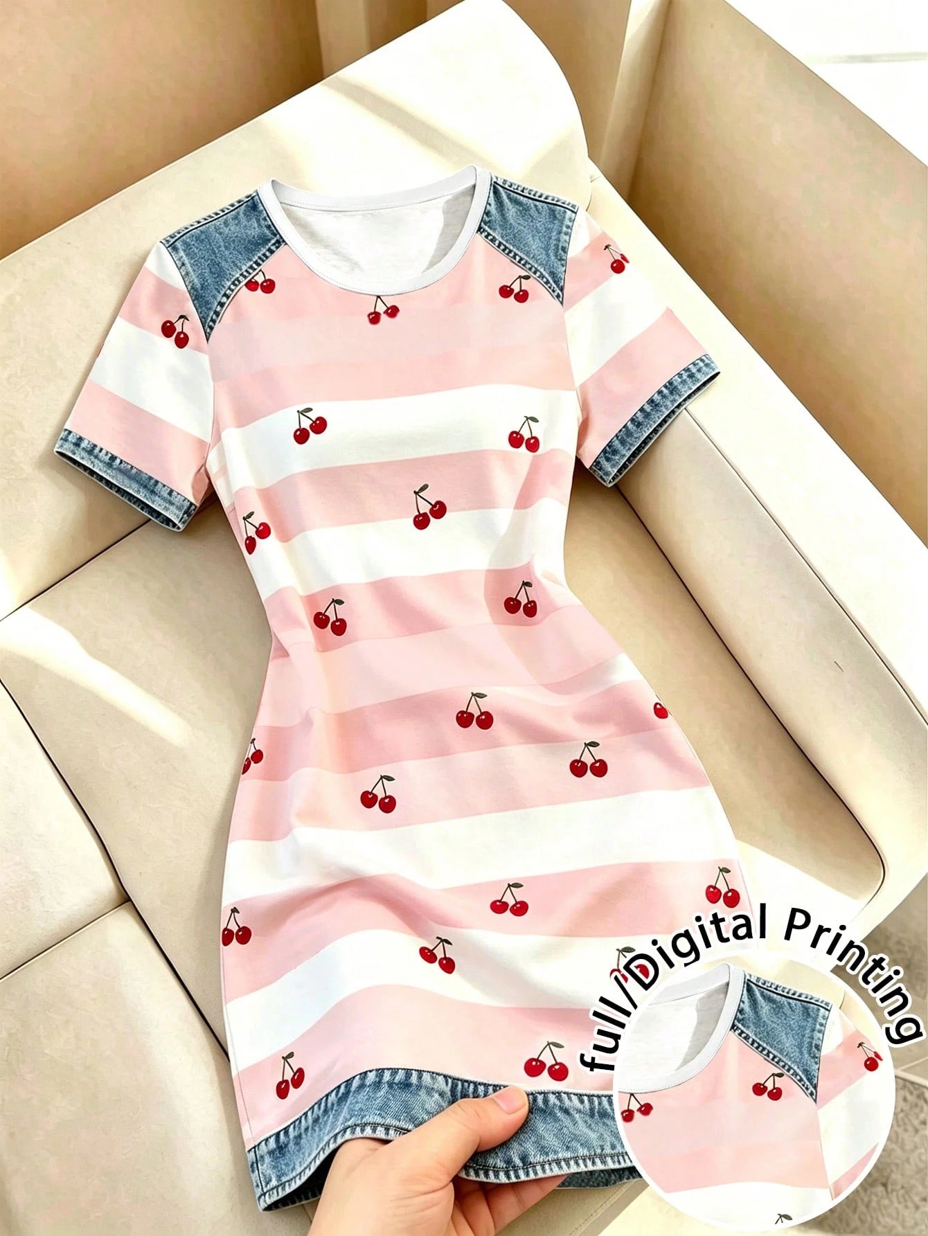 Franclia Women's Striped Cherry Print Round Neck Short Sleeve Casual