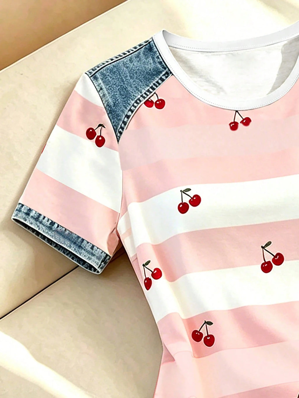 Franclia Women's Striped Cherry Print Round Neck Short Sleeve Casual