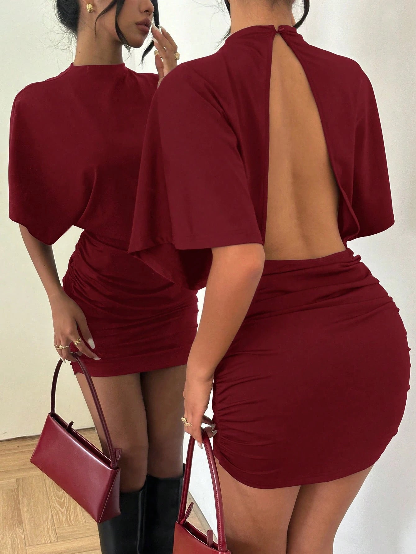 Aloruh Women's Black Summer High Neck Butterfly Sleeve Backless Ruched Mini Dress,Seksi Chic Night Club Tight - image 18