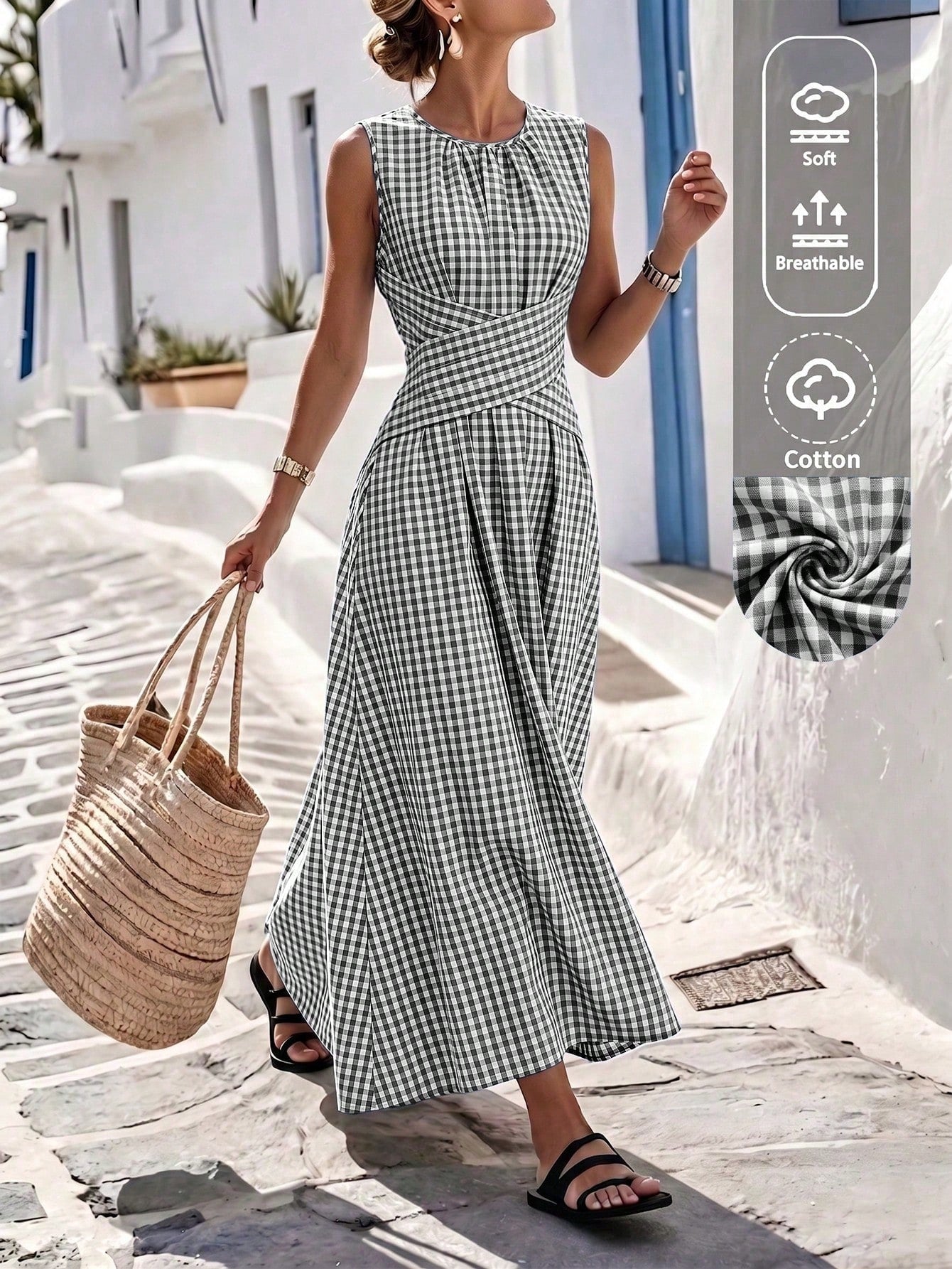 Louniche Women's Summer Blue And White Striped Fabric Round Neck