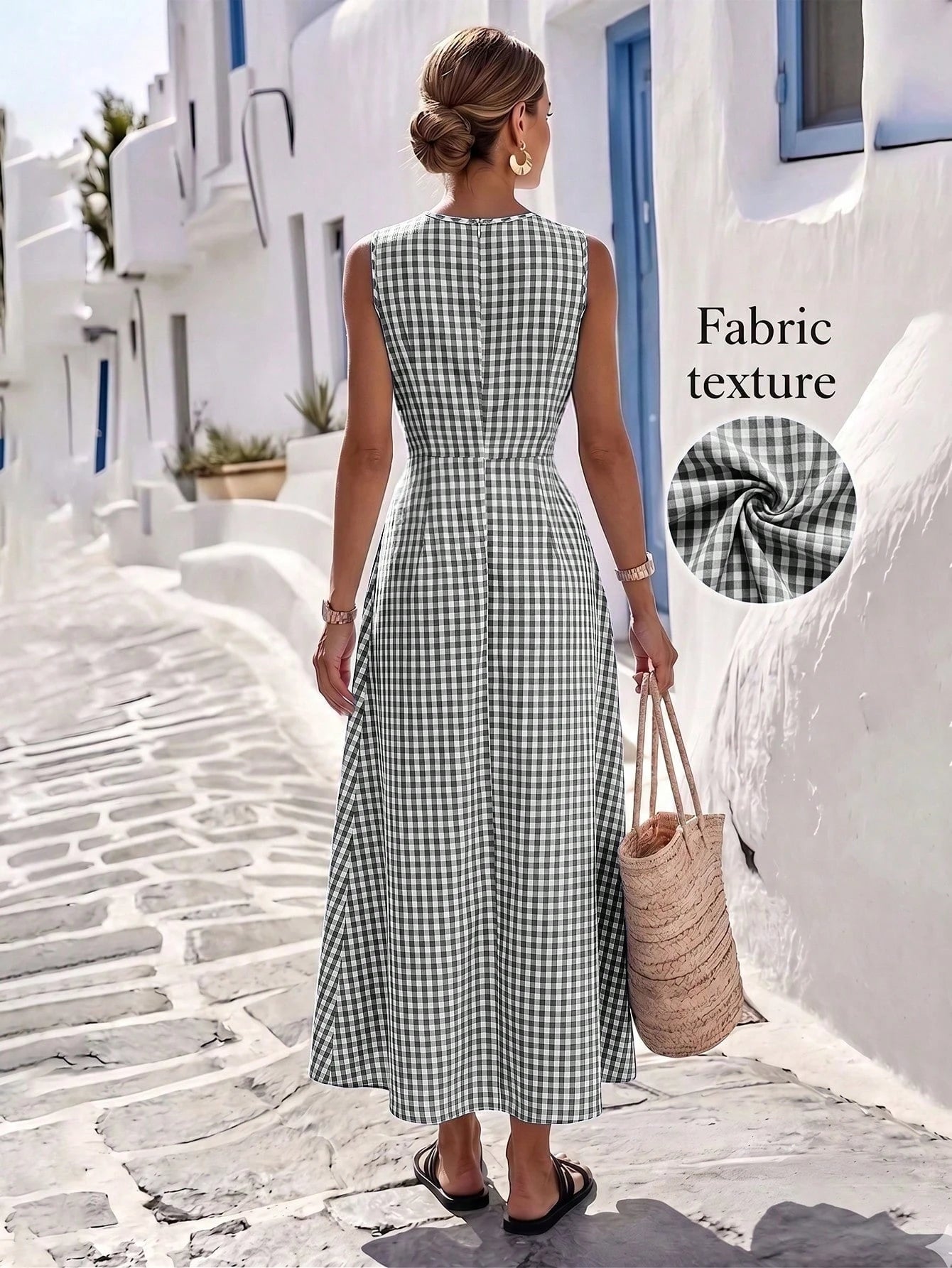 Louniche Women's Summer Blue And White Striped Fabric Round Neck