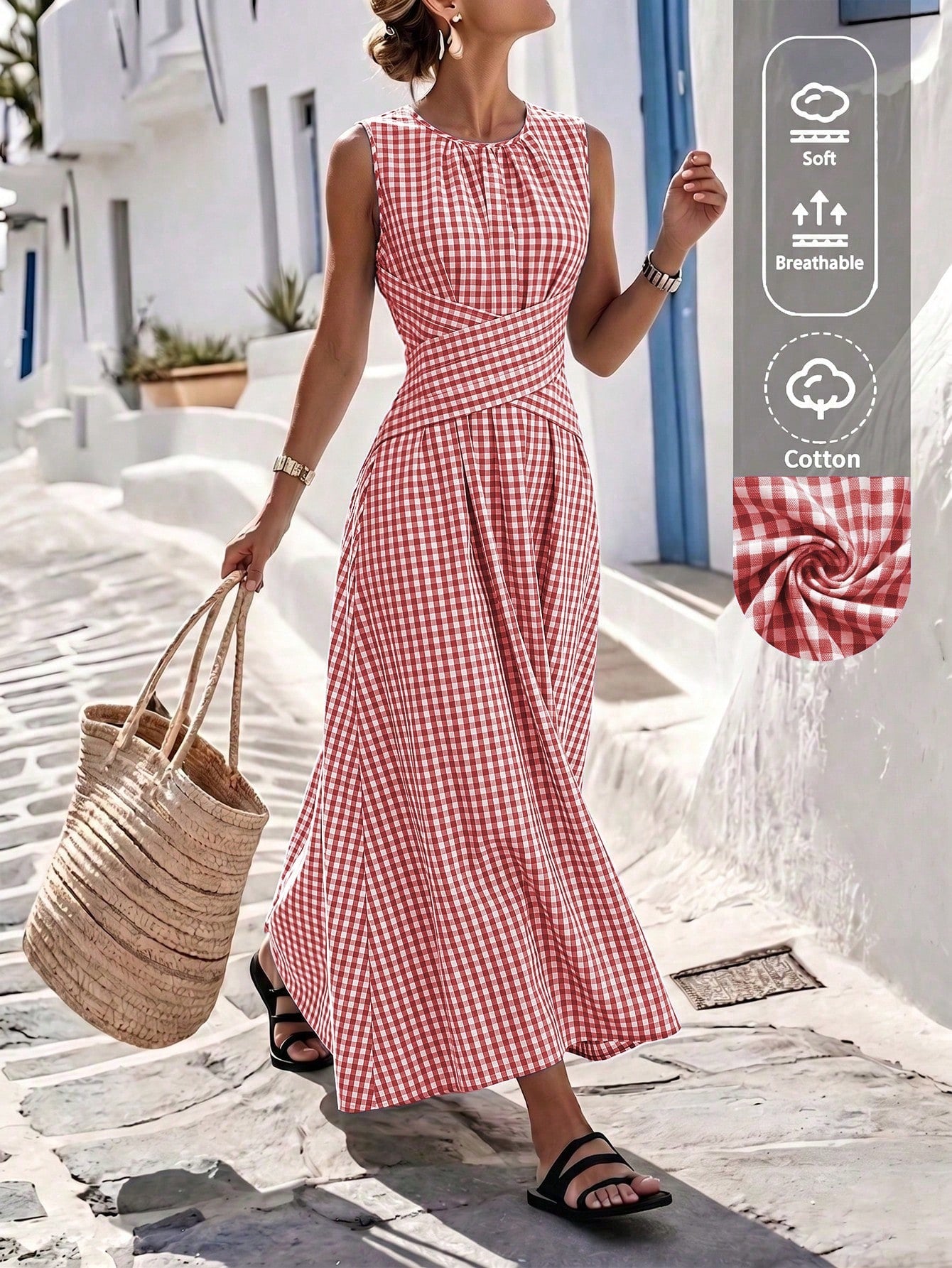 Louniche Women's Summer Blue And White Striped Fabric Round Neck