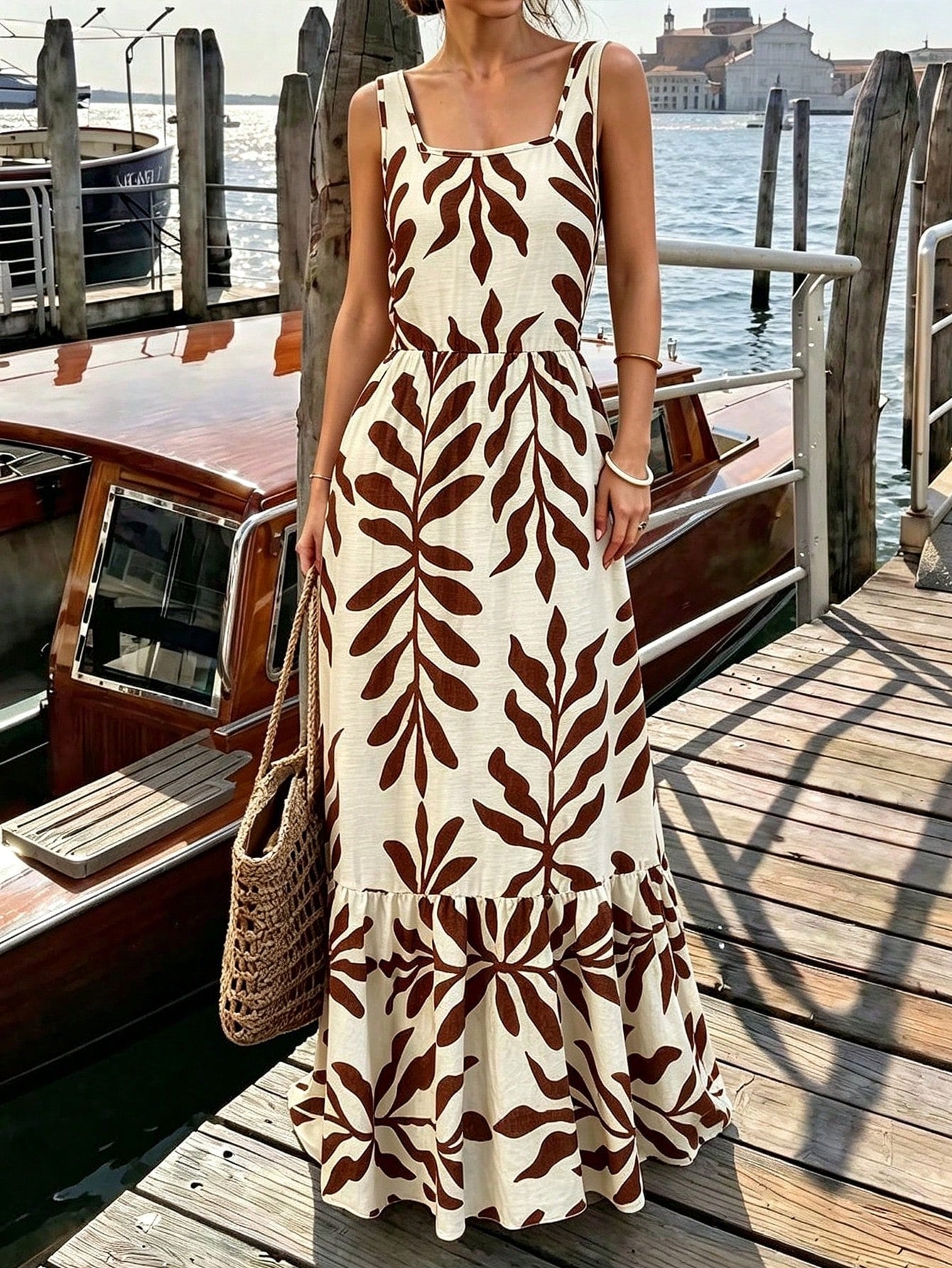 Trelyra Women's Summer Beige Floral Print Square Neck Sleeveless Waist-Cinching Dress, Birthday, Holiday, - image 7