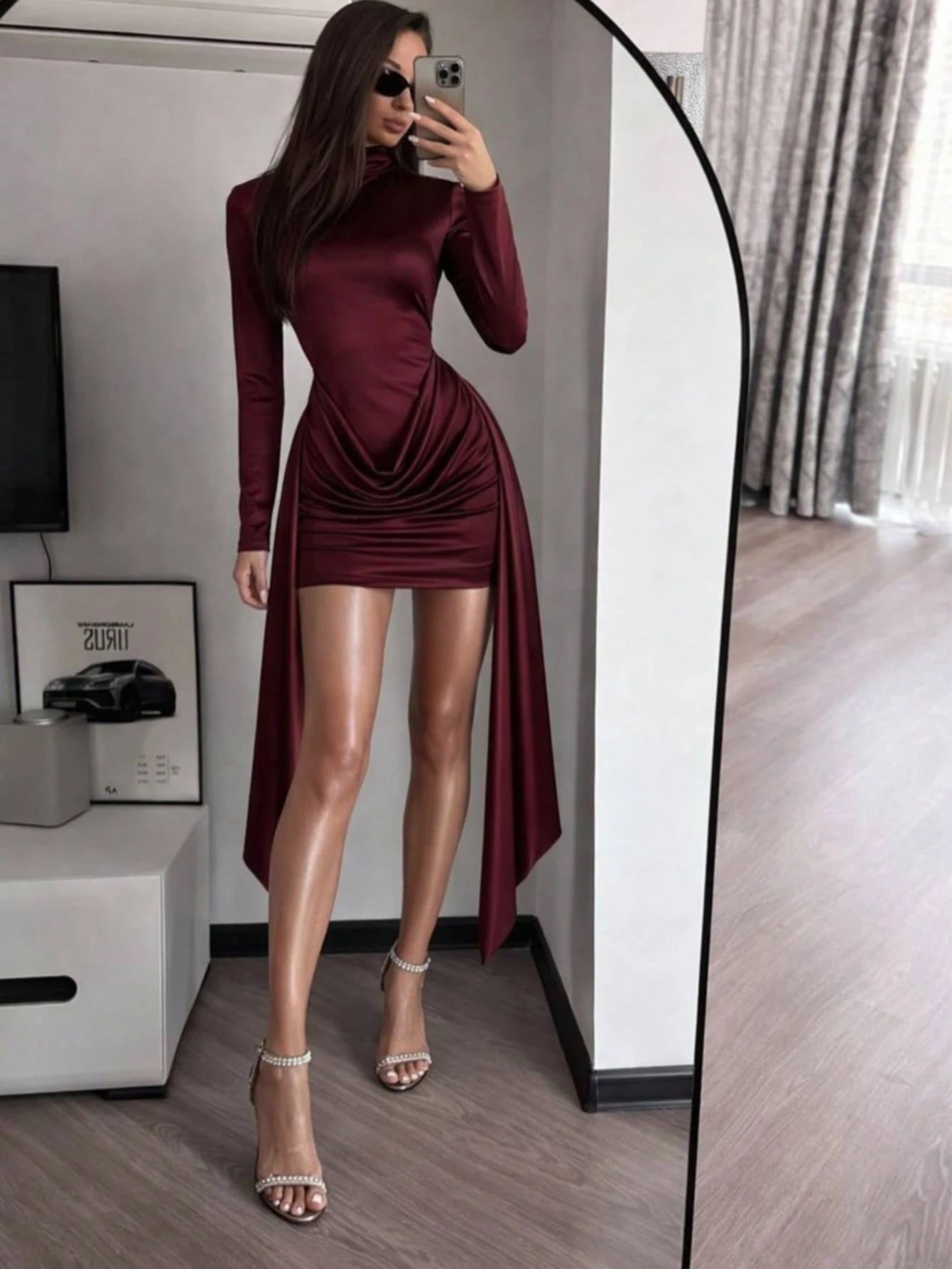 Women's Spring/Summer Half-High Collar Long-Sleeve Backless Pleated