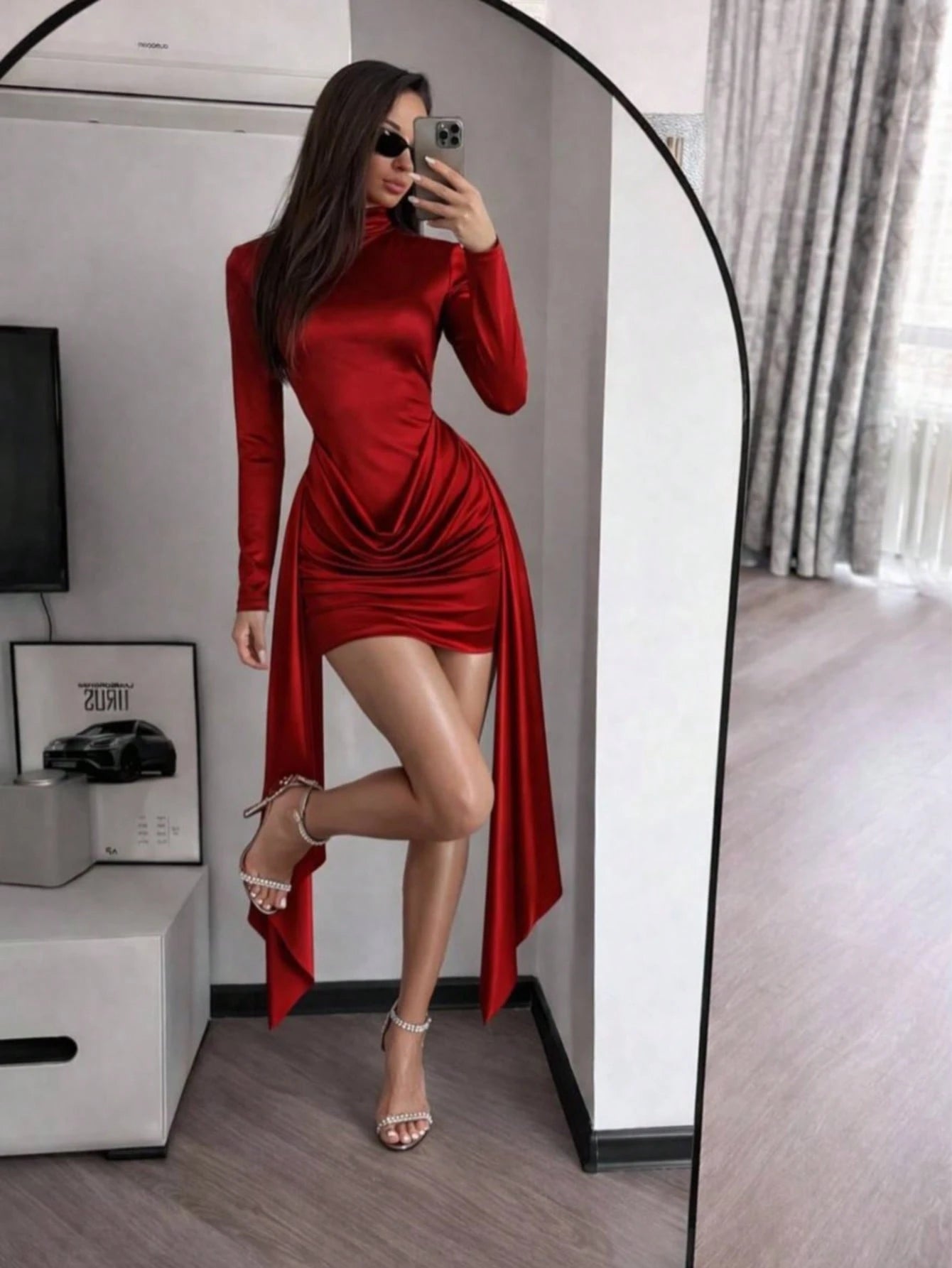 Women's Spring/Summer Half-High Collar Long-Sleeve Backless Pleated Short Dress, College Style, School - image 12