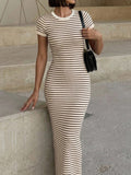 Firerie Black And White Stripe Round-Neck Short-Sleeved Long-Style