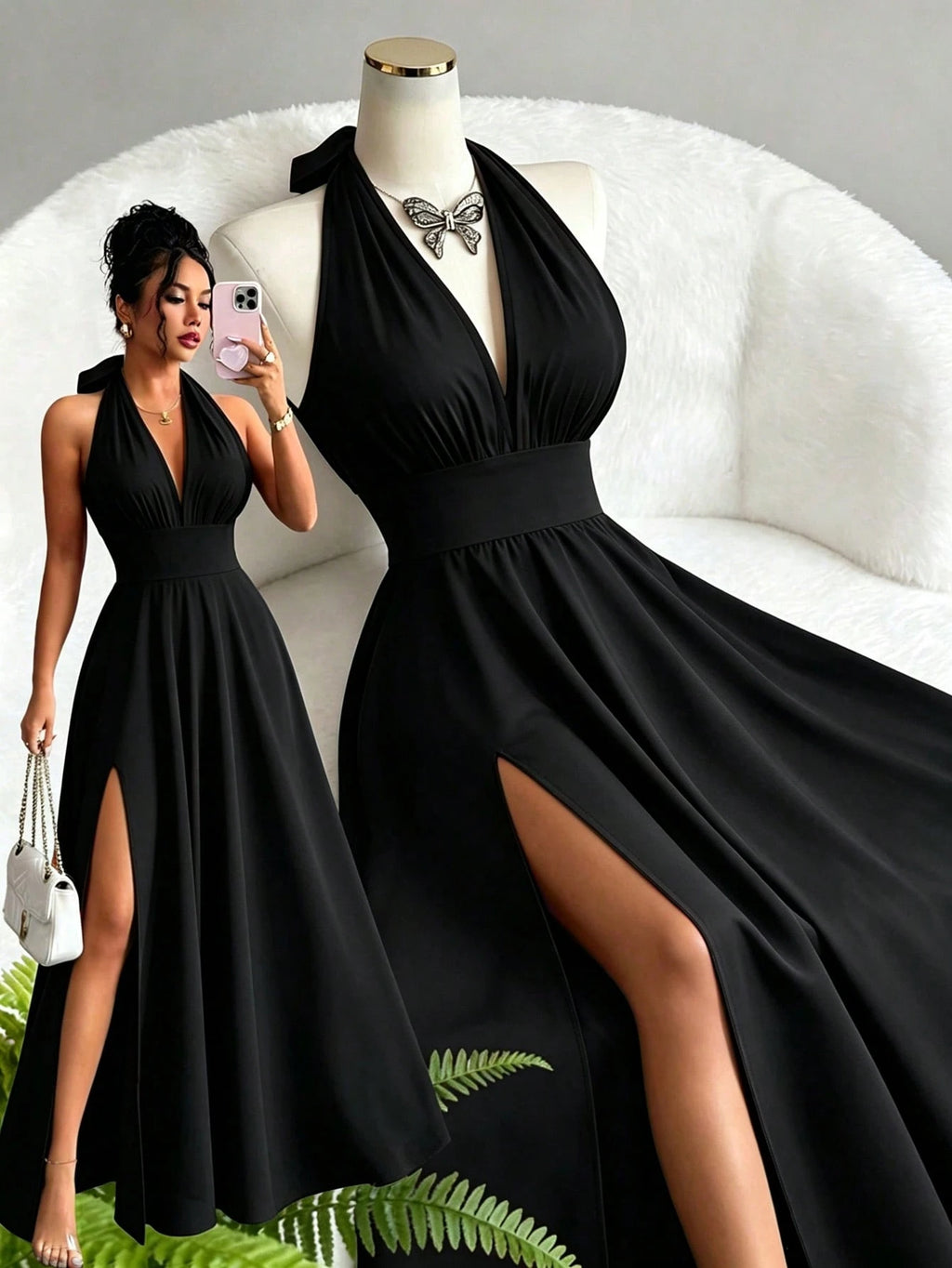 Elenzga Summer Elegant Vacation Women Dress,French Style High-End V-Neck Halter Backless A-Line Split - image 2