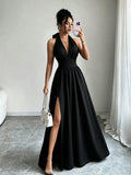 Elenzga Summer Elegant Vacation Women Dress,French Style High-End V-Neck Halter Backless A-Line Split