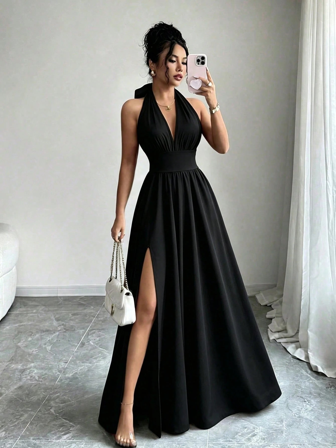 Elenzga Summer Elegant Vacation Women Dress,French Style High-End V-Neck Halter Backless A-Line Split