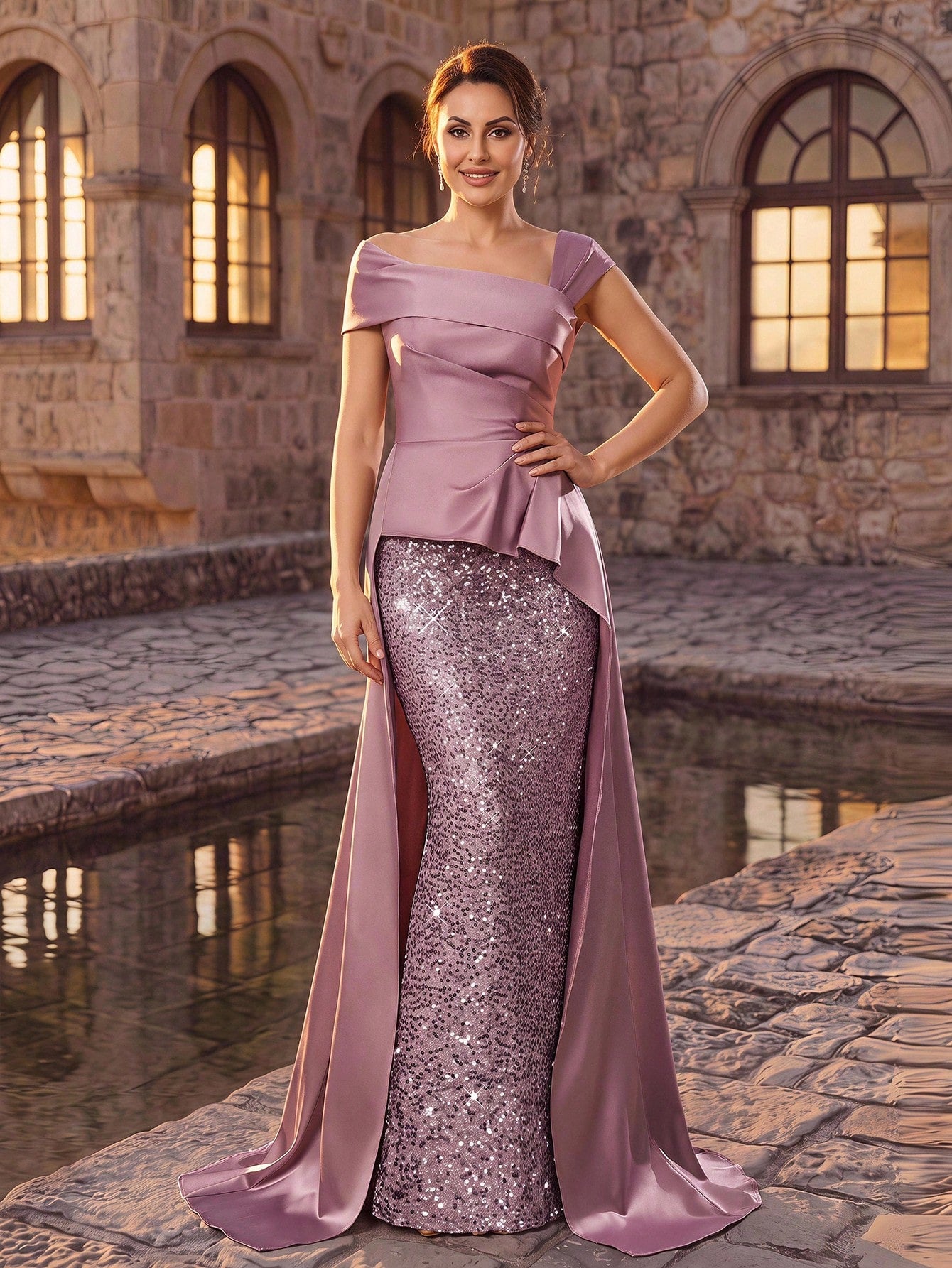 Serin Elegant Purple Satin Off-Shoulder Sequin Applique Ruffled Straight Hem Bridal Mother Dress Side Draped - image 2