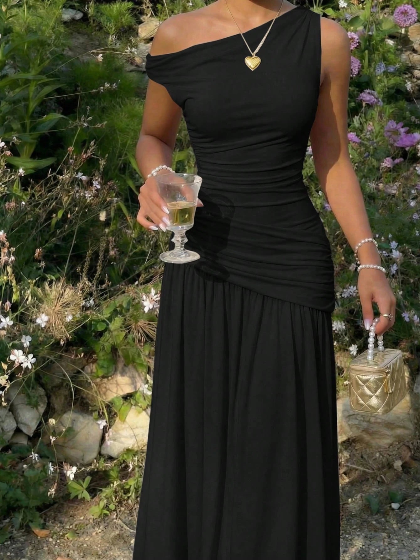 Women's Solid Color Asymmetric Neckline Ruched Elegant Dress Vacation