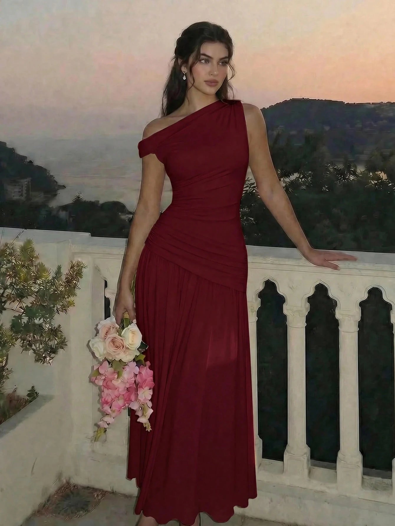 Women's Solid Color Asymmetric Neckline Ruched Elegant Dress Vacation