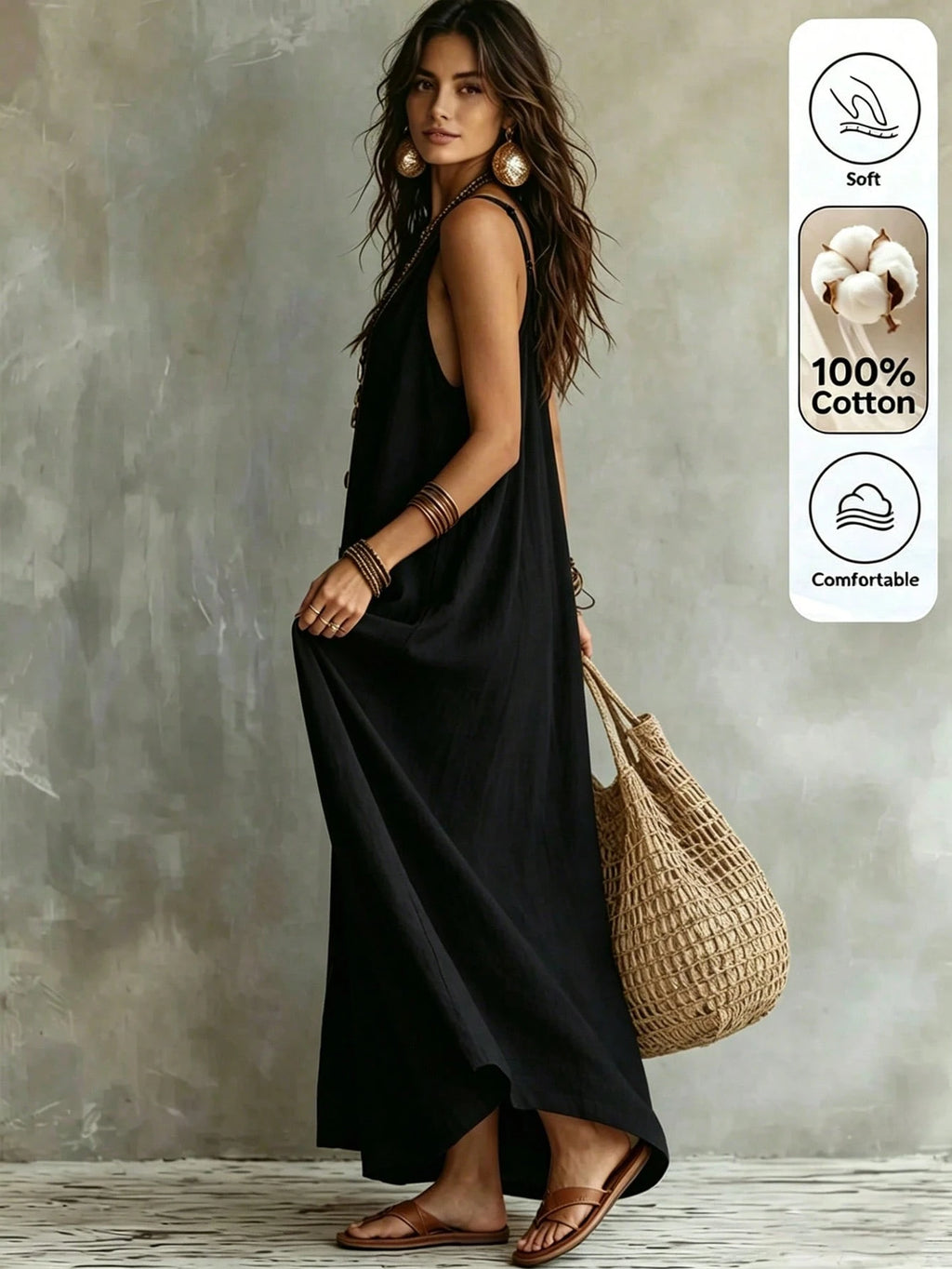 Omancia Women's Casual Boho Solid Color Dress For Summer Holiday
