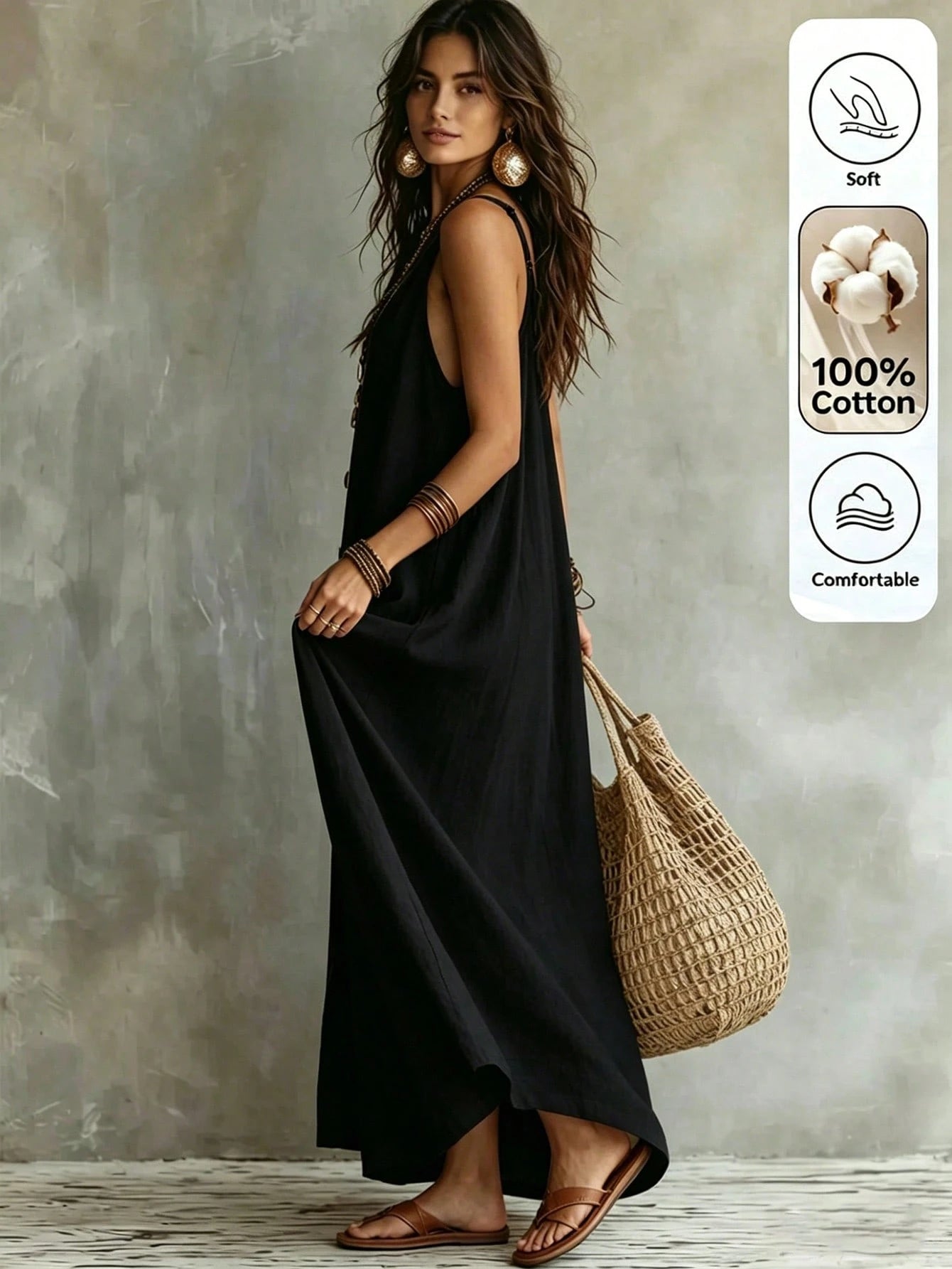 Omancia Women's Casual Boho Solid Color Dress For Summer Holiday