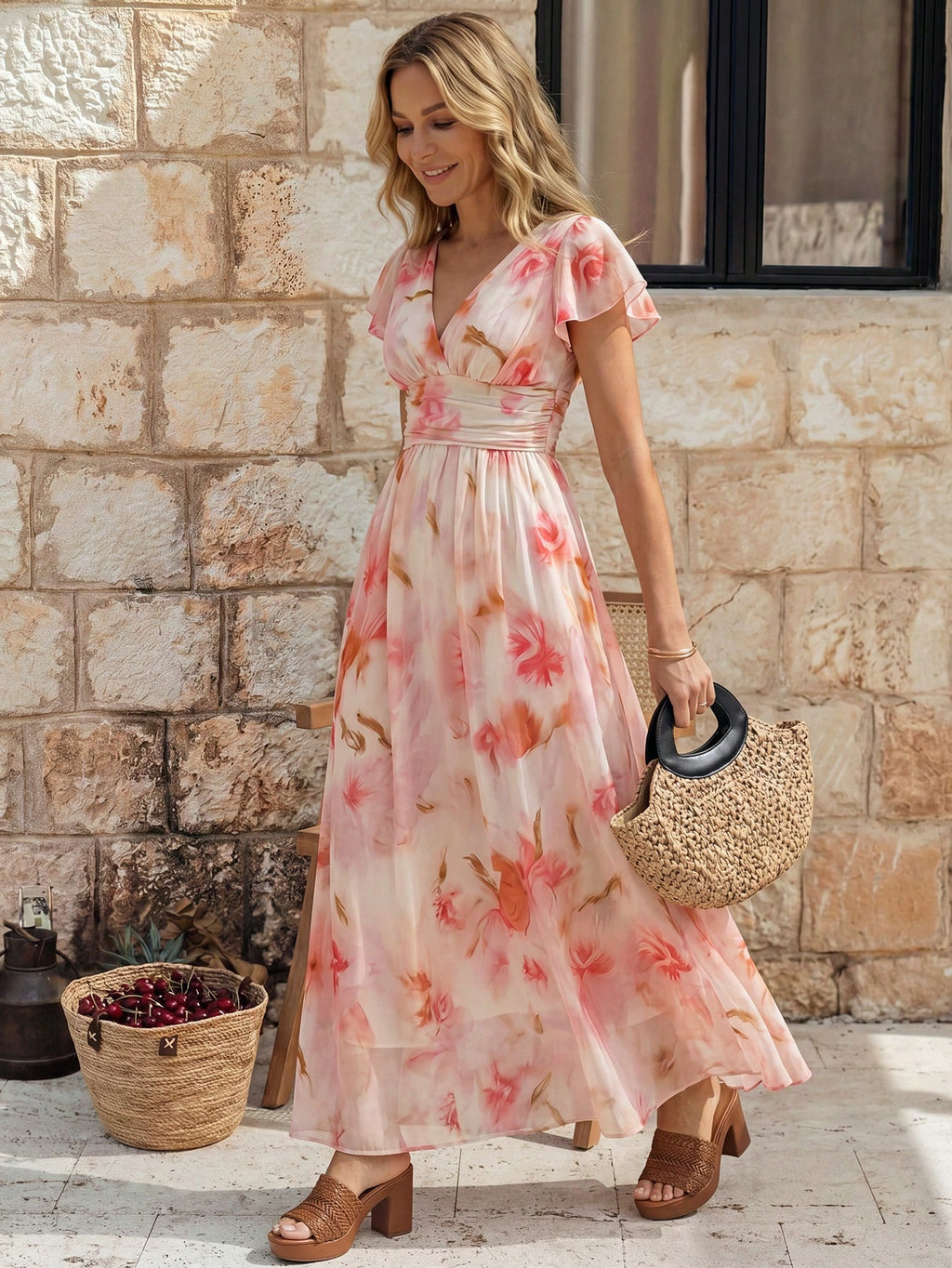Balvessa V-Neck Elegant Ruffle Hem Floral Print Waist Cinched A-Line
